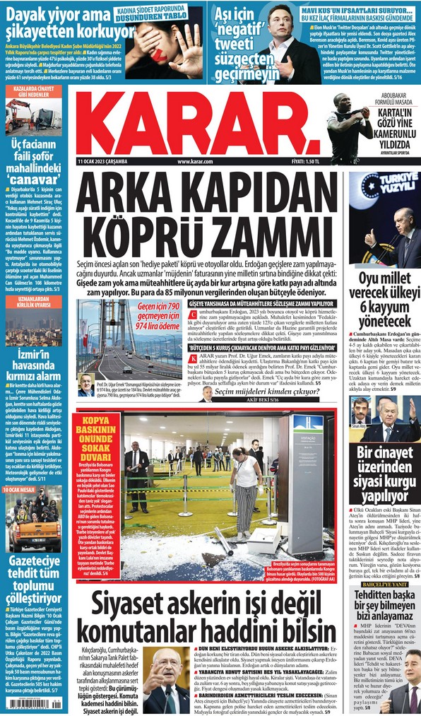 Karar Gazetesi 11 Ocak 2023, Çarşamba Günü Manşeti