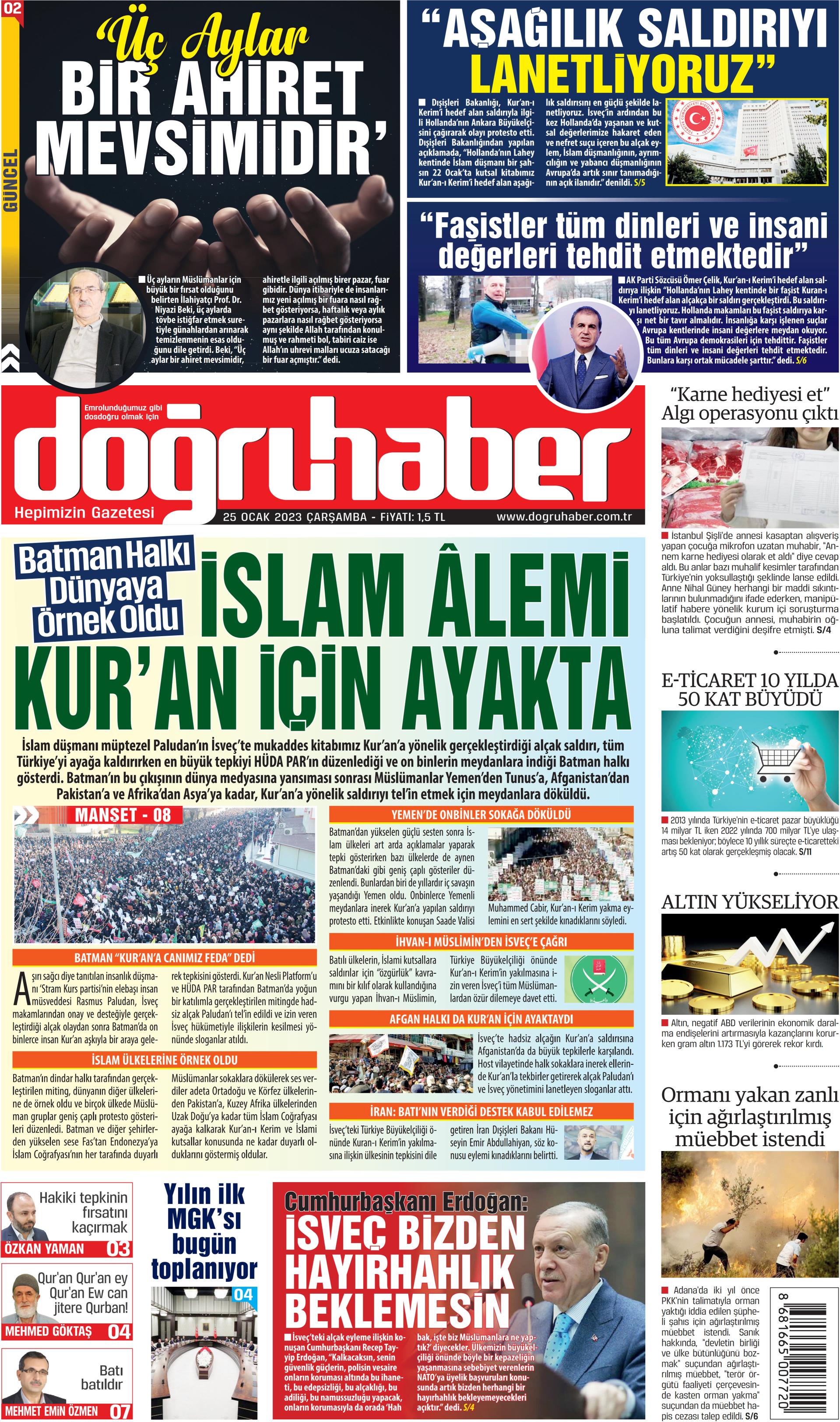 Doğruhaber Gazetesi 25 Ocak 2023, Çarşamba Günü Manşeti