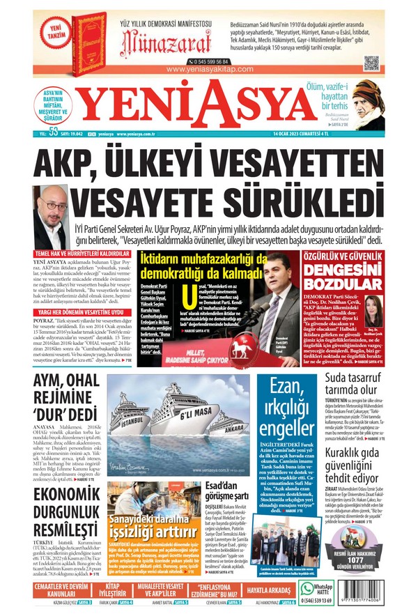 Yeni Asya Gazetesi 14 Ocak 2023, Cumartesi Günü Manşeti