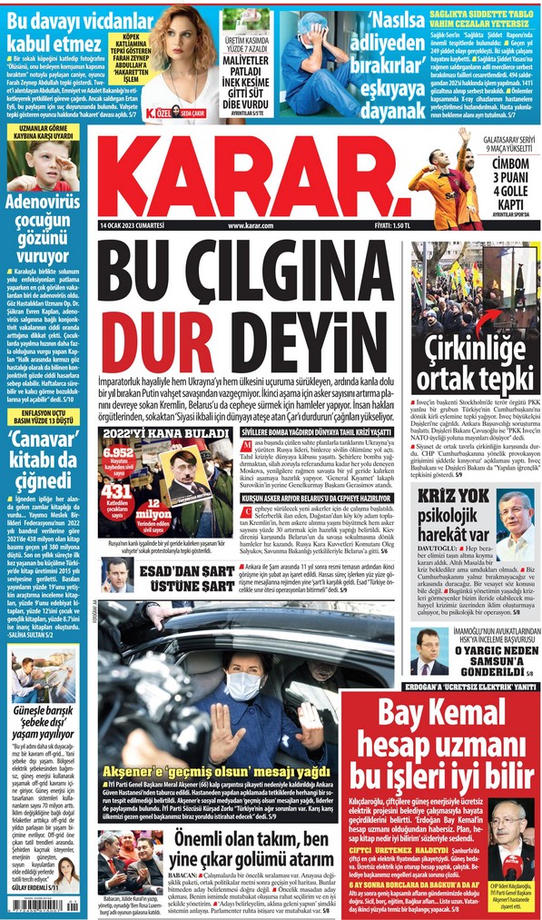 Karar Gazetesi 14 Ocak 2023, Cumartesi Günü Manşeti