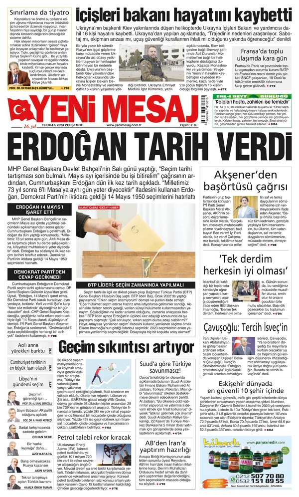 Yeni Mesaj Gazetesi 19 Ocak 2023, Perşembe Günü Manşeti