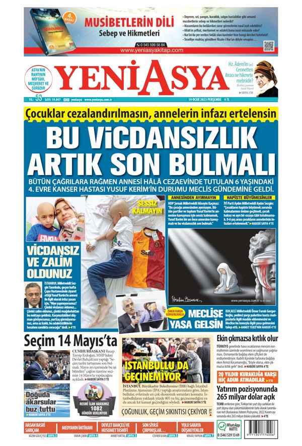 Yeni Asya Gazetesi 19 Ocak 2023, Perşembe Günü Manşeti