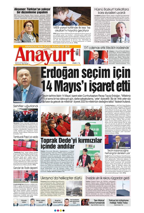 Anayurt Gazetesi 19 Ocak 2023, Perşembe Günü Manşeti