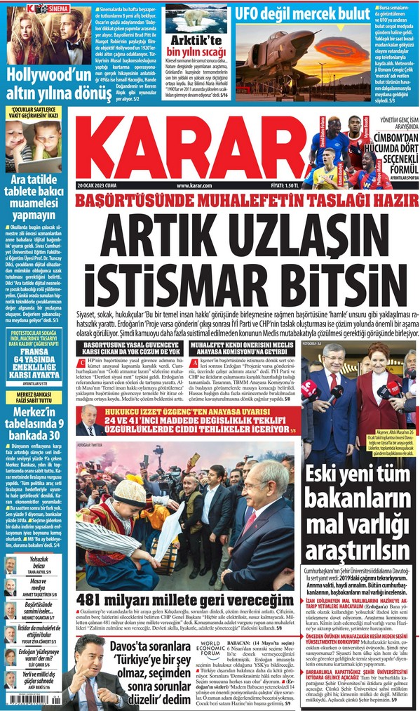 Karar Gazetesi 20 Ocak 2023, Cuma Günü Manşeti