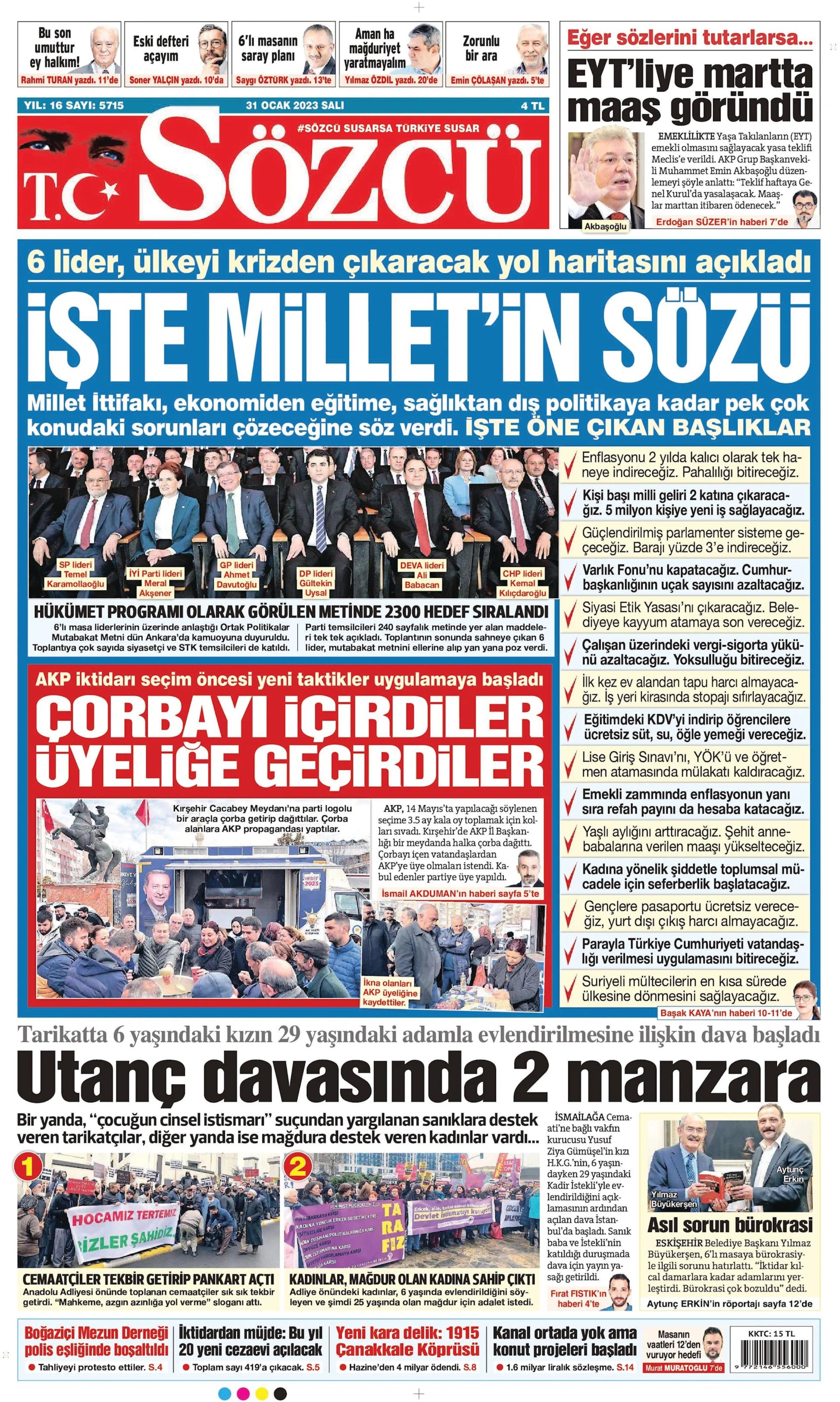 Sözcü Gazetesi 31 Ocak 2023, Salı Günü Manşeti