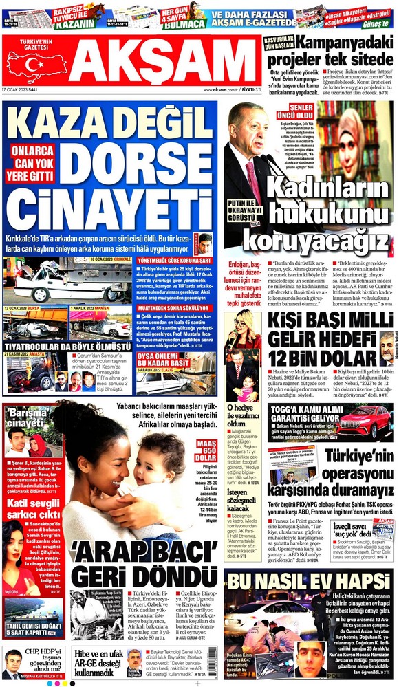 Akşam Gazetesi 17 Ocak 2023, Salı Günü Manşeti