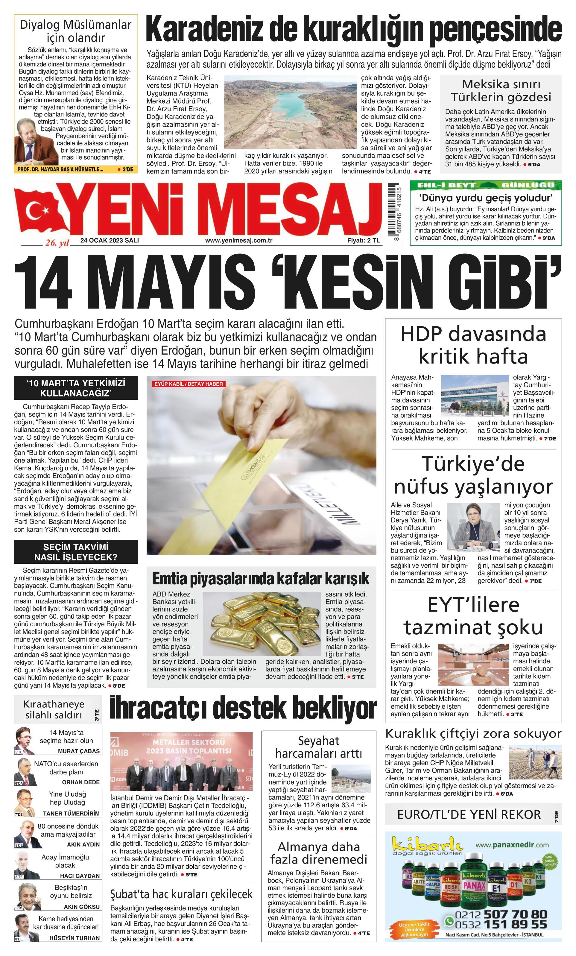 Yeni Mesaj Gazetesi 24 Ocak 2023, Salı Günü Manşeti