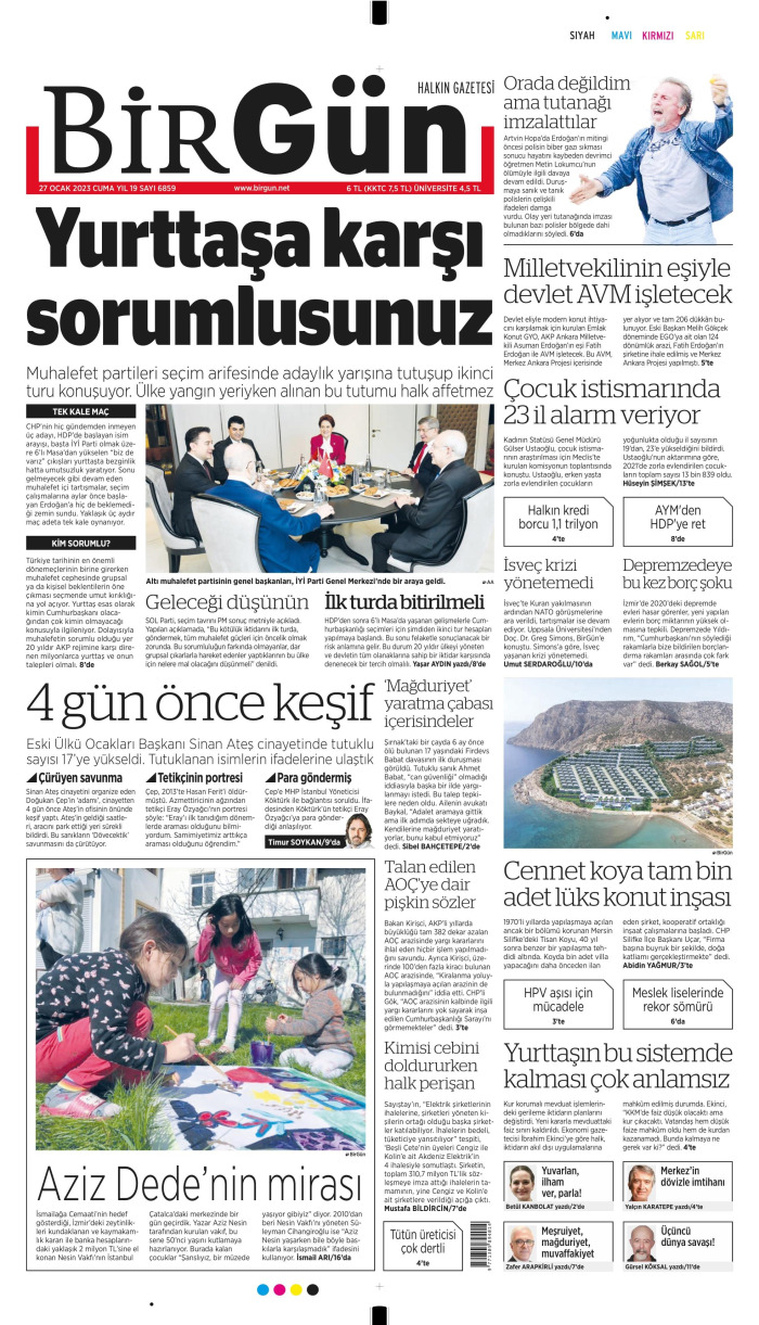 Birgün Gazetesi 27 Ocak 2023, Cuma Günü Manşeti