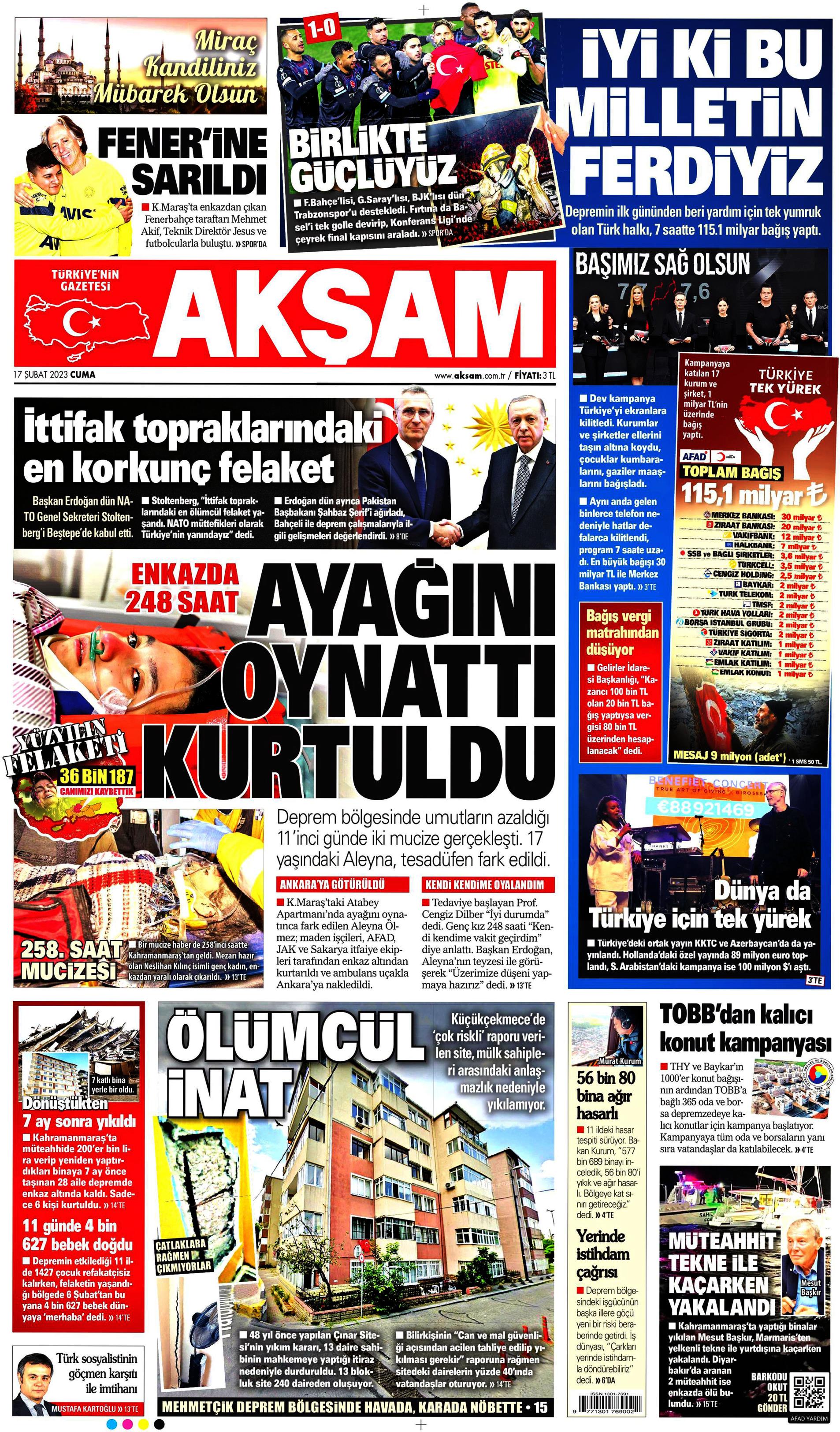 Akşam Gazetesi 17 Şubat 2023, Cuma Günü Manşeti