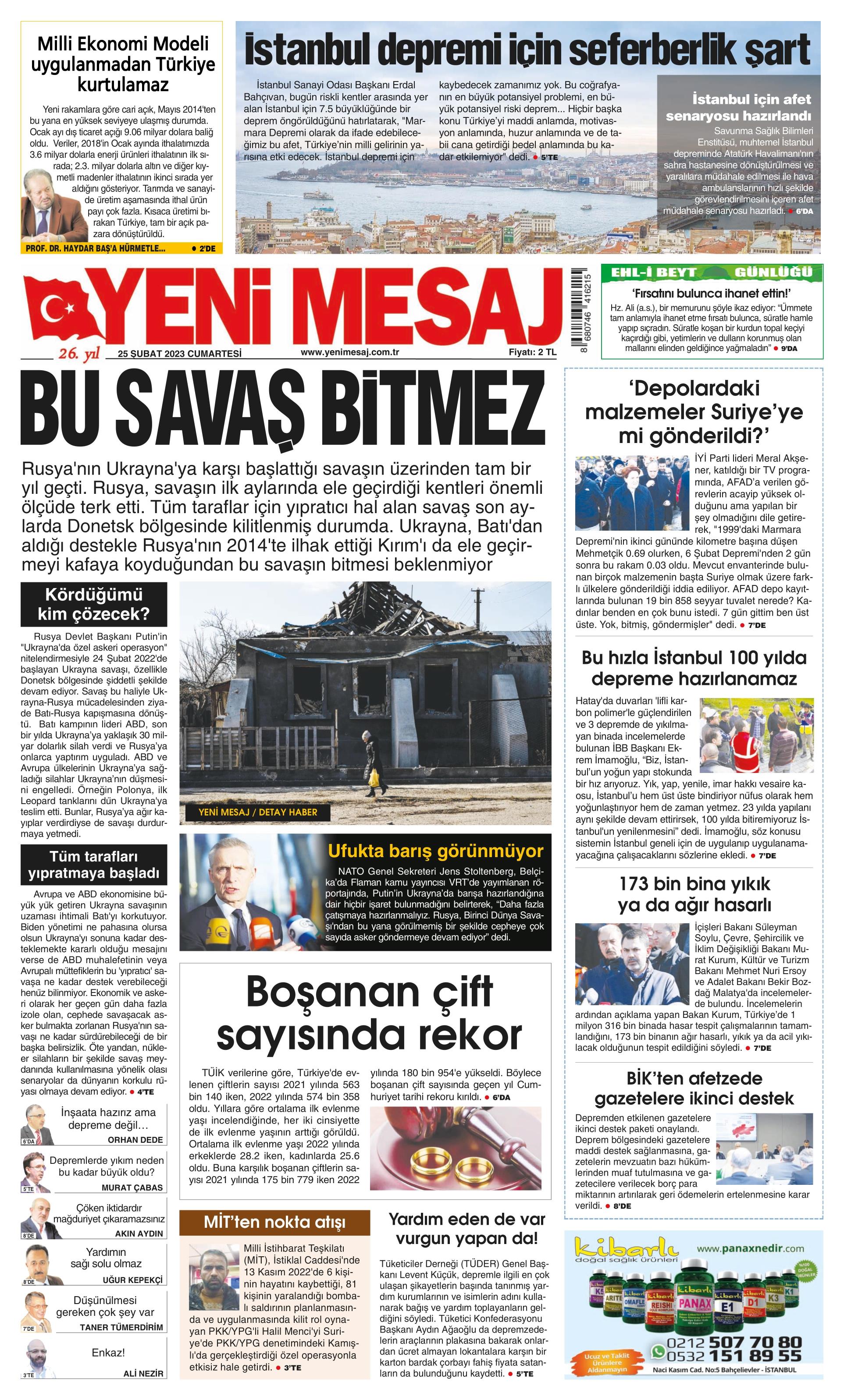 Yeni Mesaj Gazetesi 25 Şubat 2023, Cumartesi Günü Manşeti