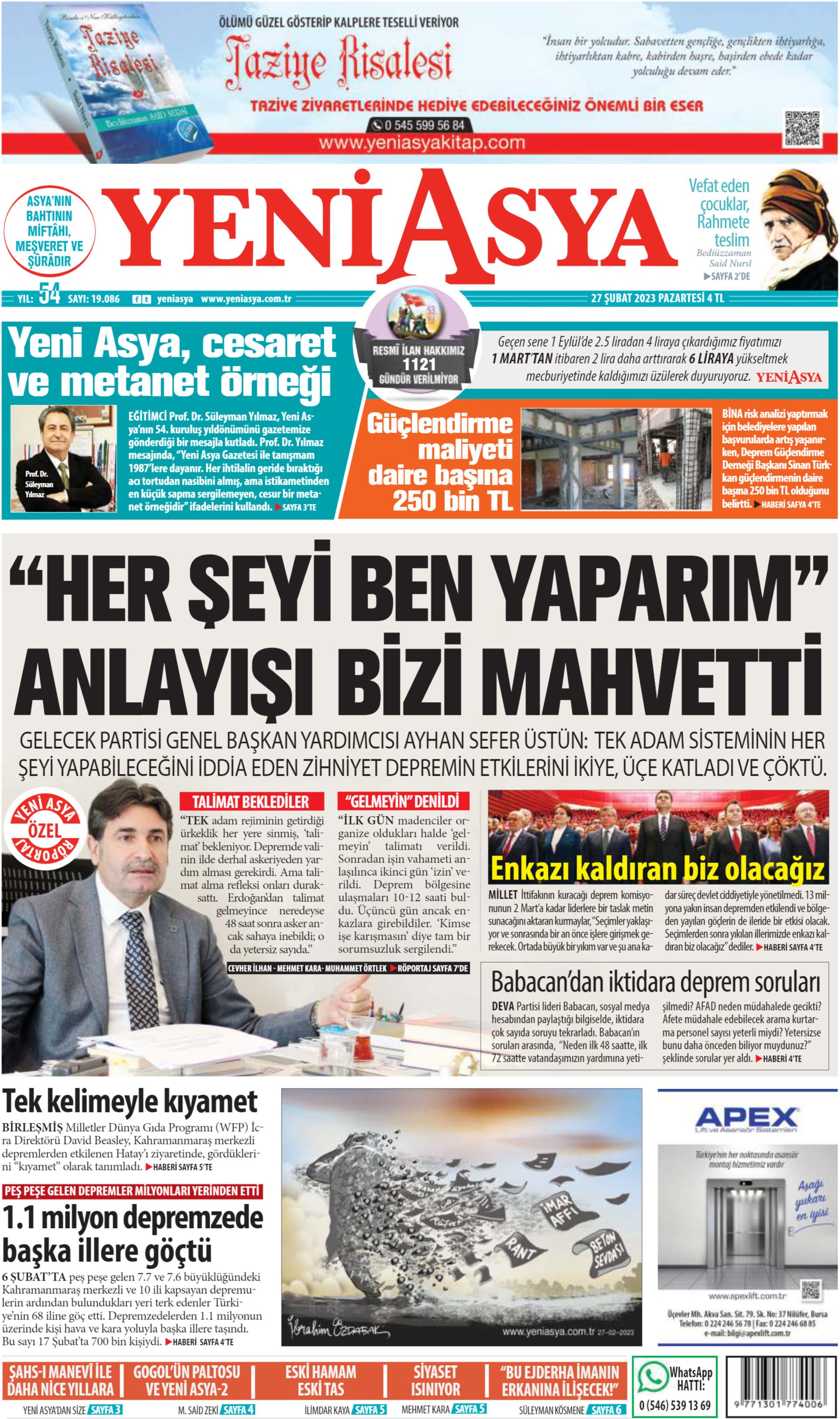 Yeni Asya Gazetesi 27 Şubat 2023, Pazartesi Günü Manşeti