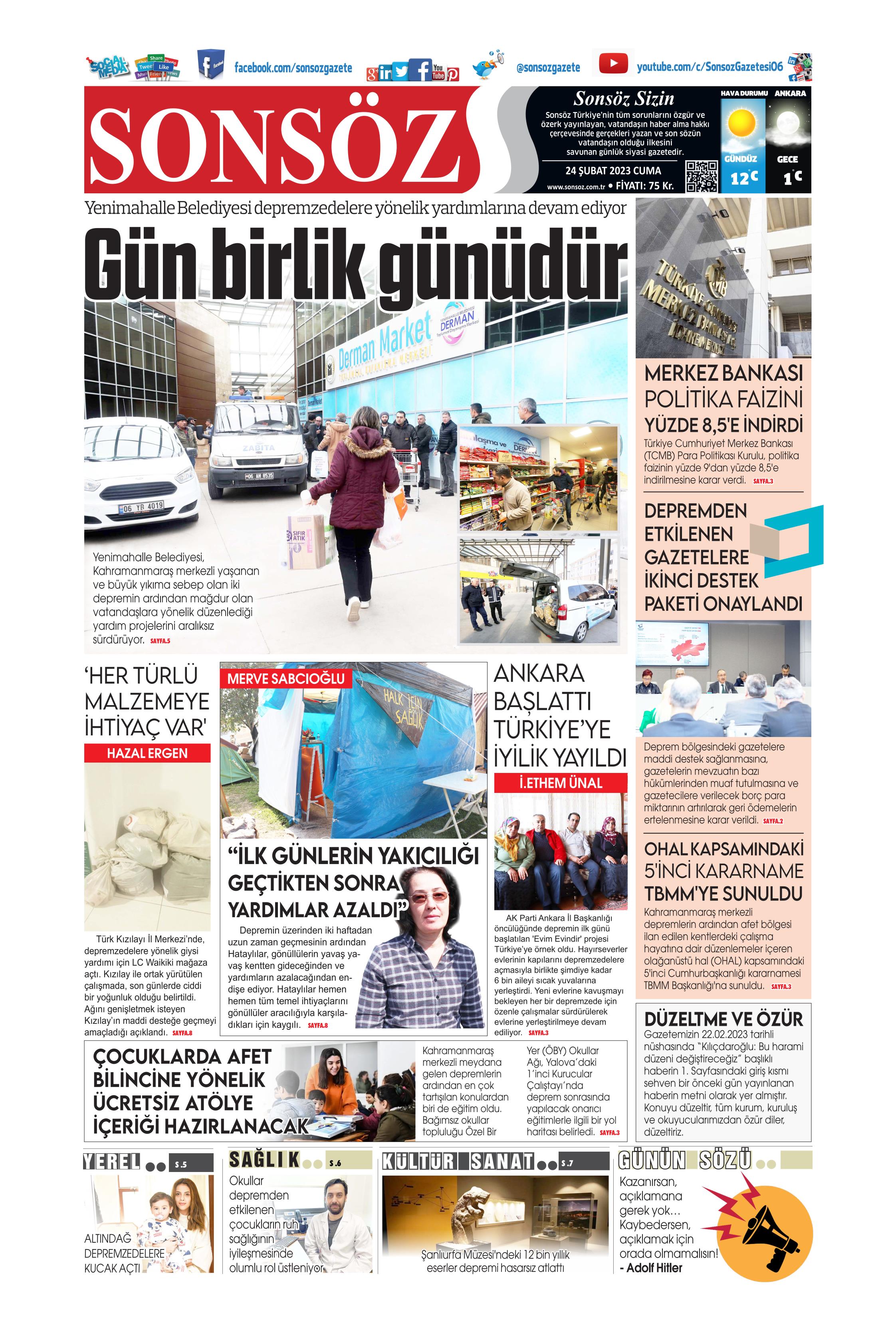 Sonsöz Gazetesi 24 Şubat 2023, Cuma Günü Manşeti