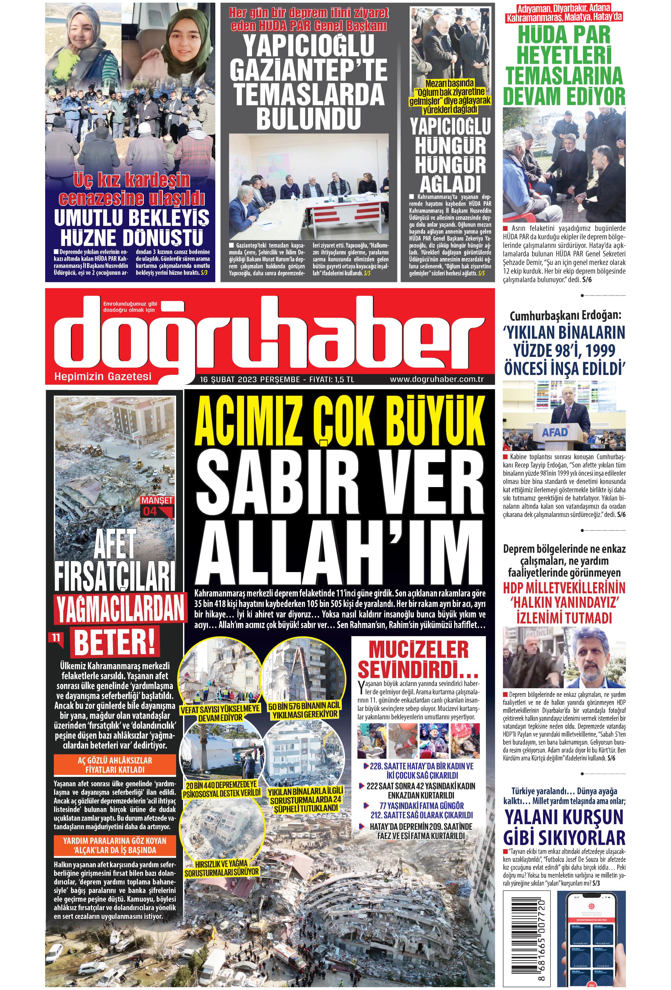 Doğruhaber Gazetesi 16 Şubat 2023, Perşembe Günü Manşeti