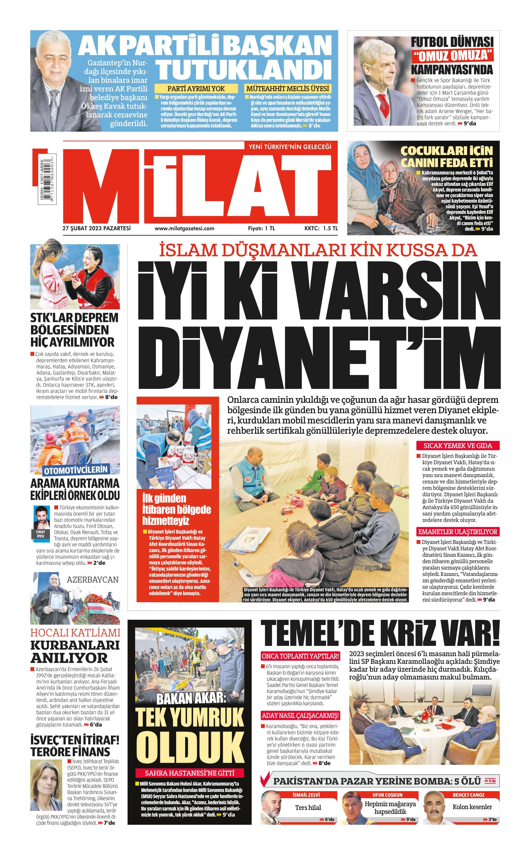 Milat Gazetesi 27 Şubat 2023, Pazartesi Günü Manşeti