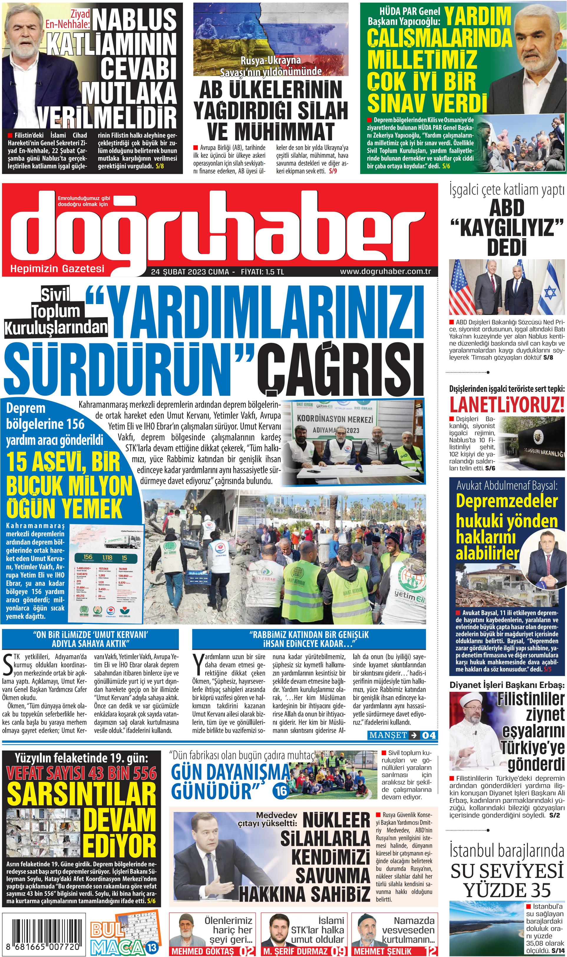 Doğru Haber Gazetesi 24 Şubat 2023, Cuma Günü Manşeti