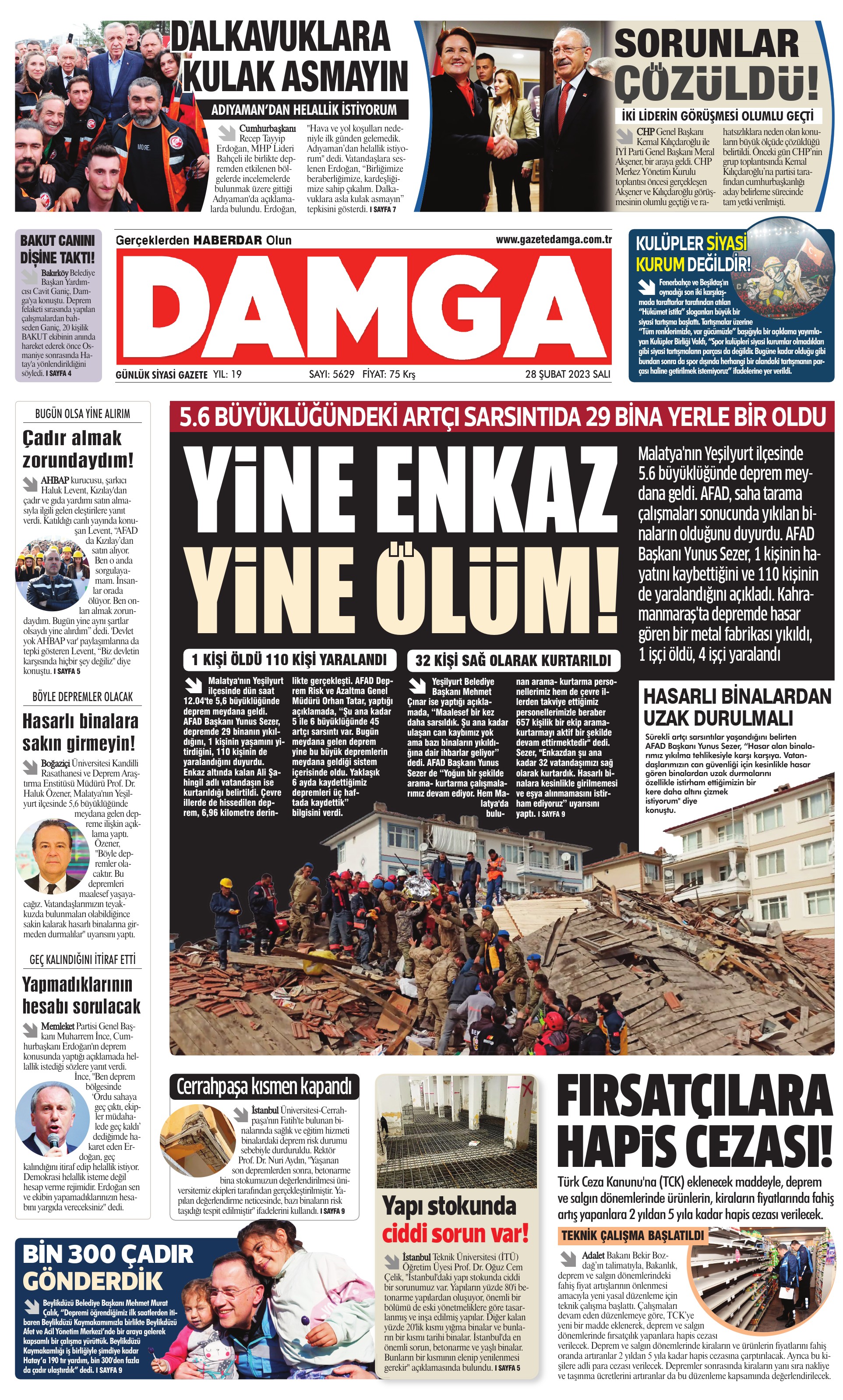 Damga Gazetesi 28 Şubat 2023, Salı Günü Manşeti