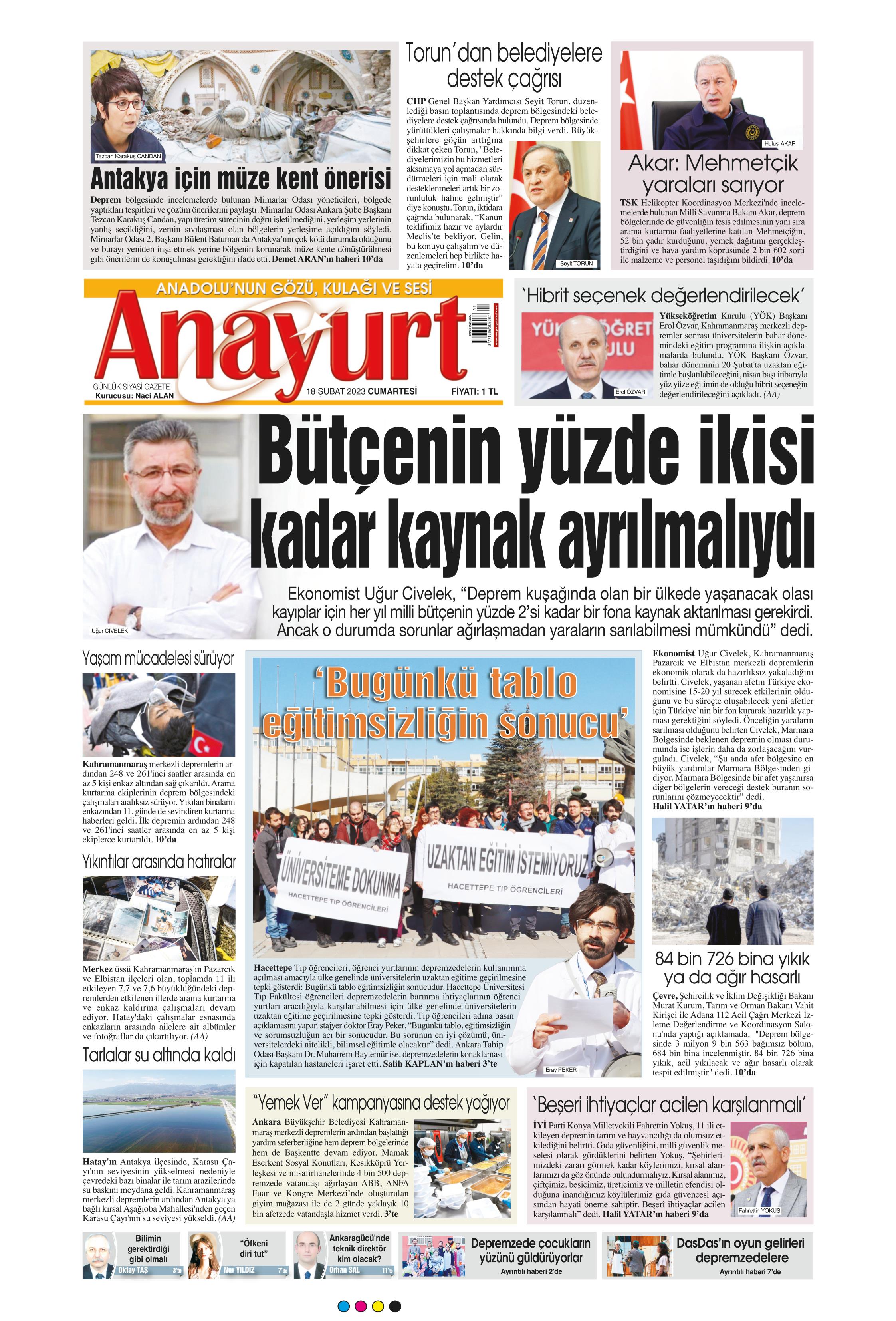 Anayurt Gazetesi 18 Şubat 2023, Cumartesi Günü Manşeti