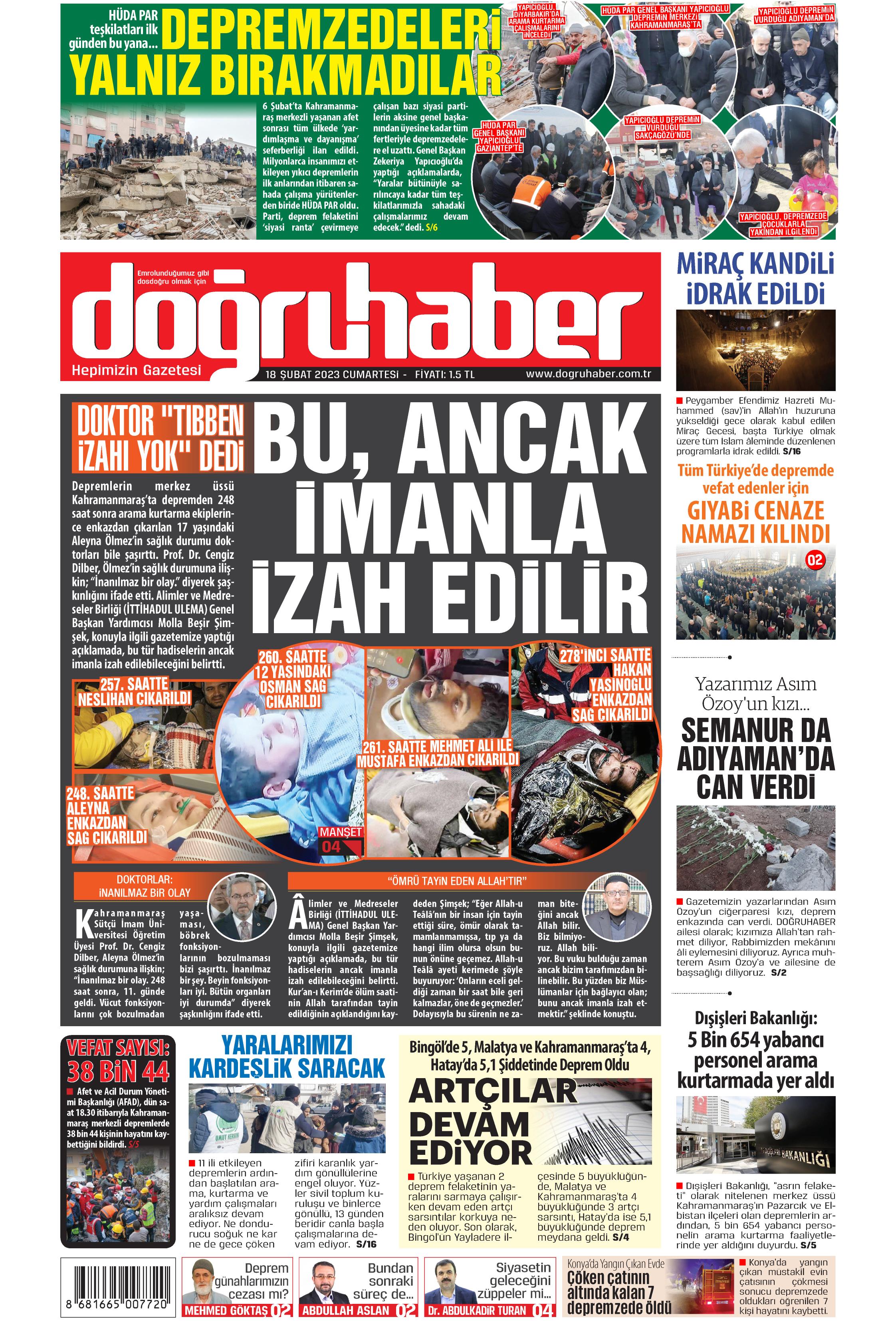 Doğruhaber Gazetesi 18 Şubat 2023, Cumartesi Günü Manşeti