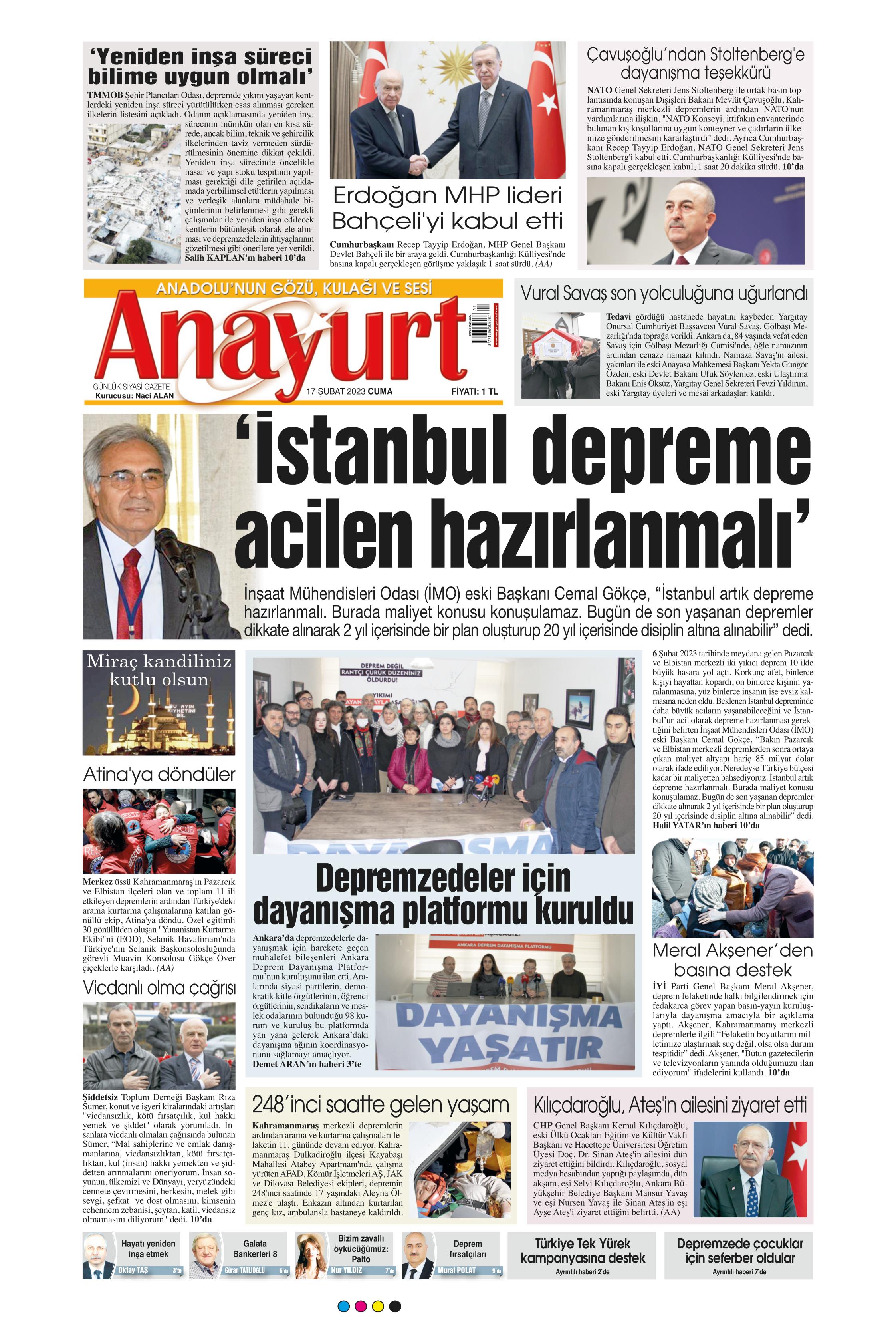  Gazetesi 17 Şubat 2023, Cuma Günü Manşeti