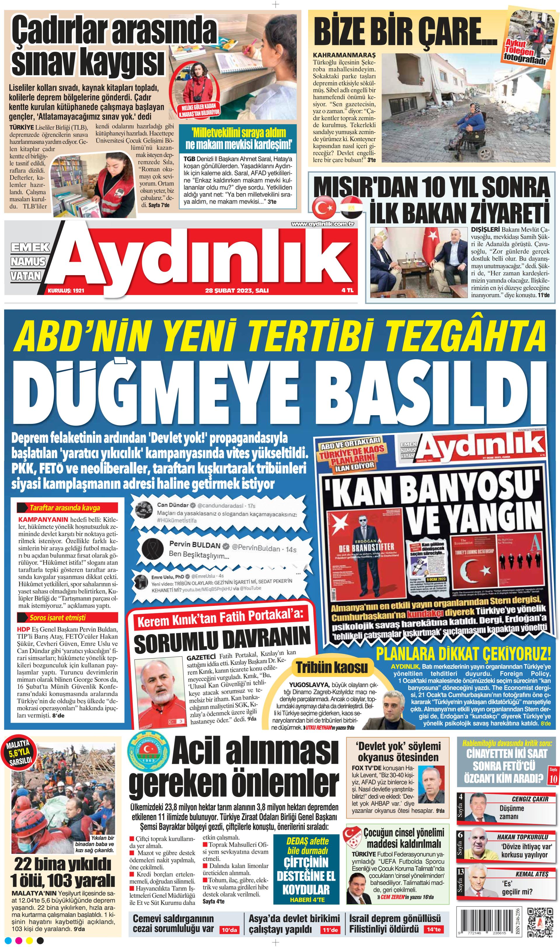 Aydınlık Gazetesi 28 Şubat 2023, Salı Günü Manşeti