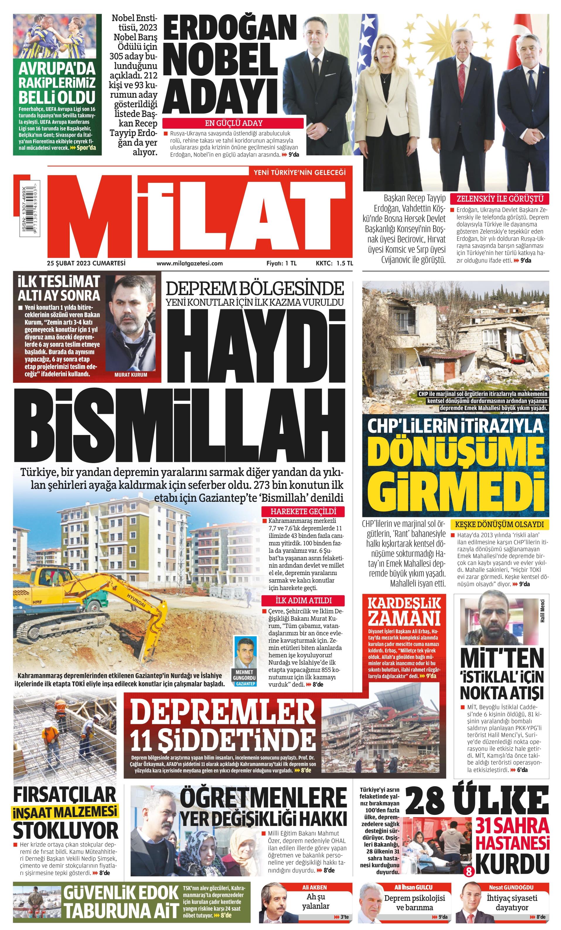 Milat Gazetesi 25 Şubat 2023, Cumartesi Günü Manşeti