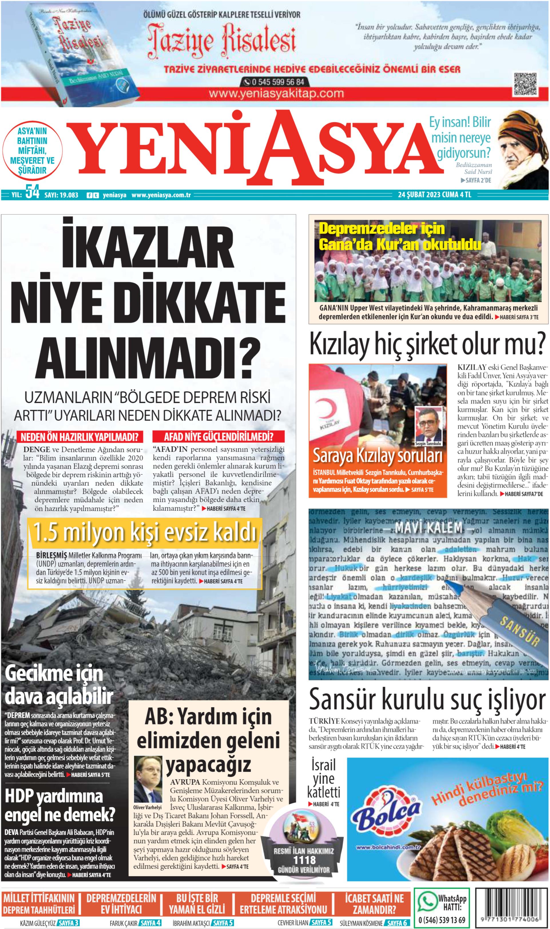 Yeni Asya Gazetesi 24 Şubat 2023, Cuma Günü Manşeti