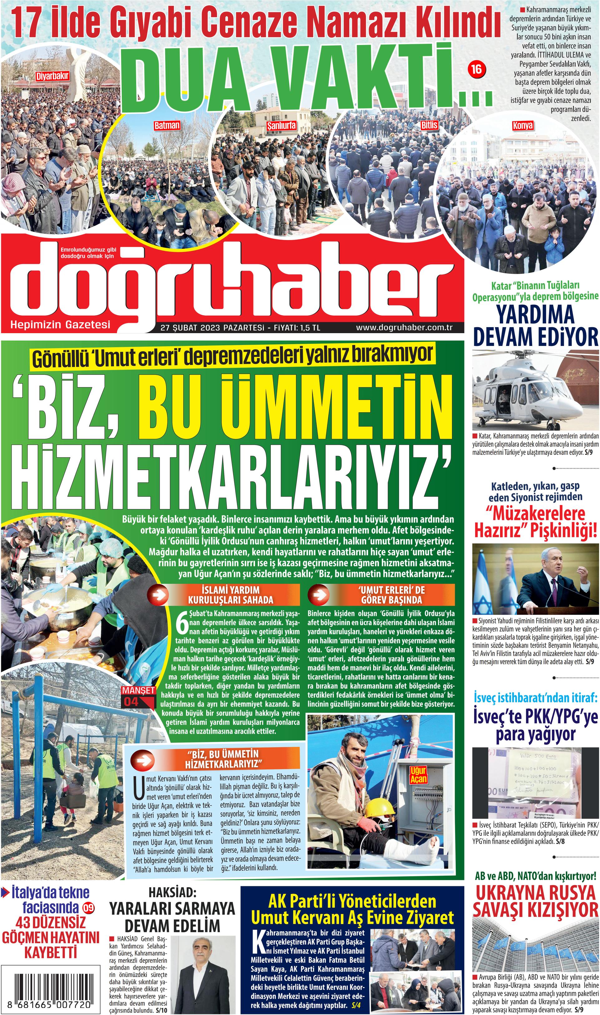 Doğru Haber Gazetesi 27 Şubat 2023, Pazartesi Günü Manşeti