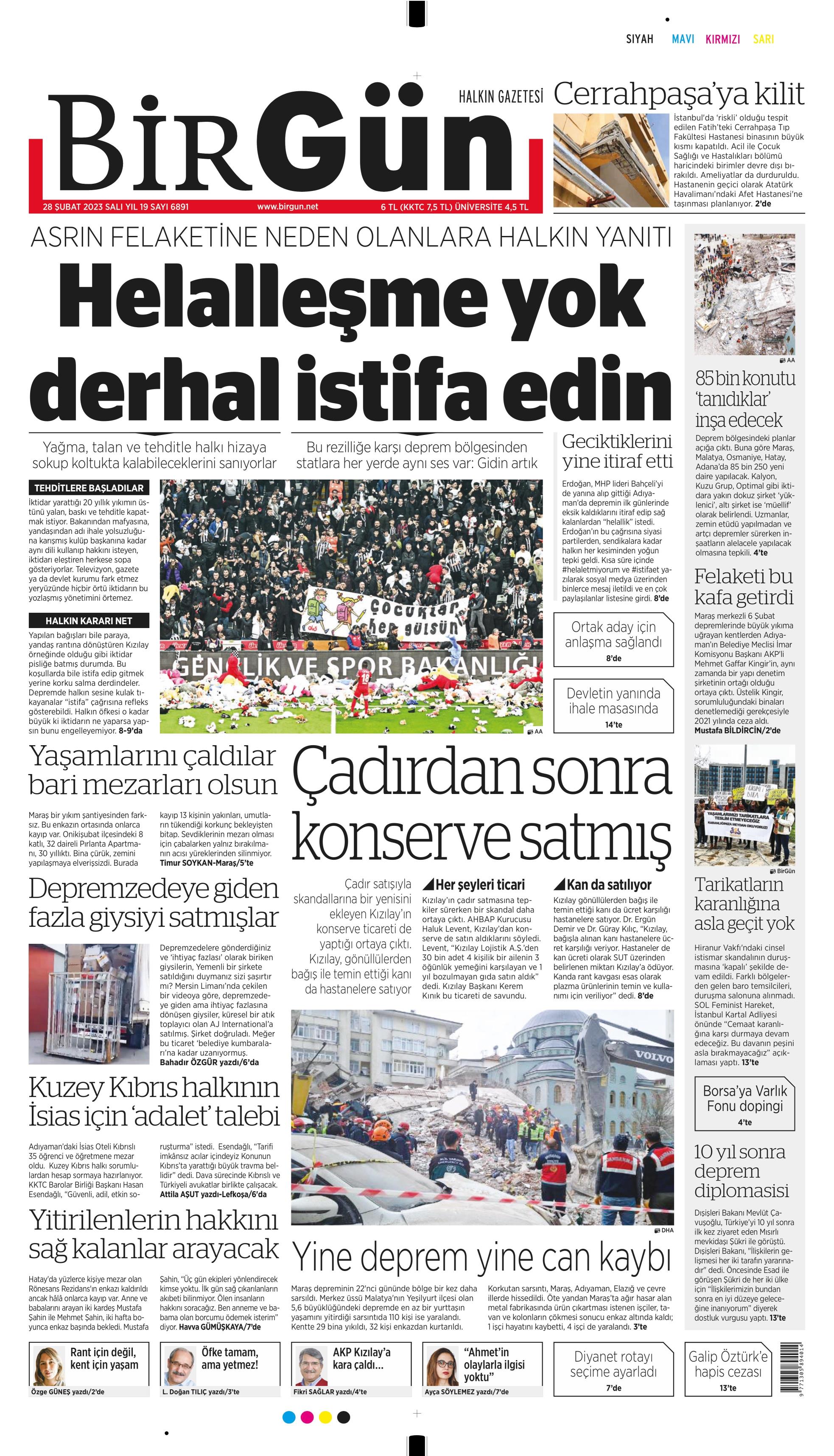 Birgün Gazetesi 28 Şubat 2023, Salı Günü Manşeti