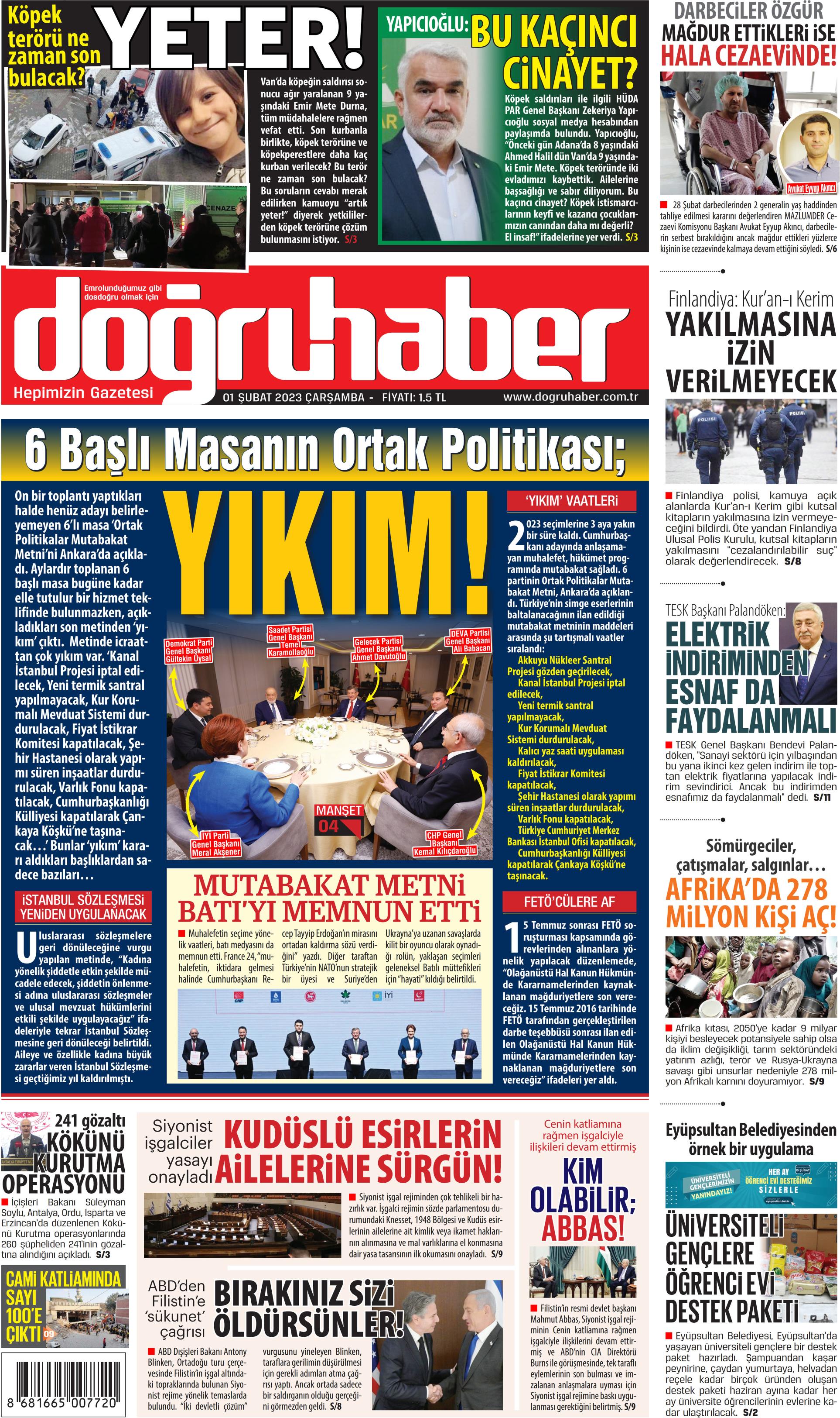 Doğruhaber Gazetesi 1 Şubat 2023, Çarşamba Günü Manşeti