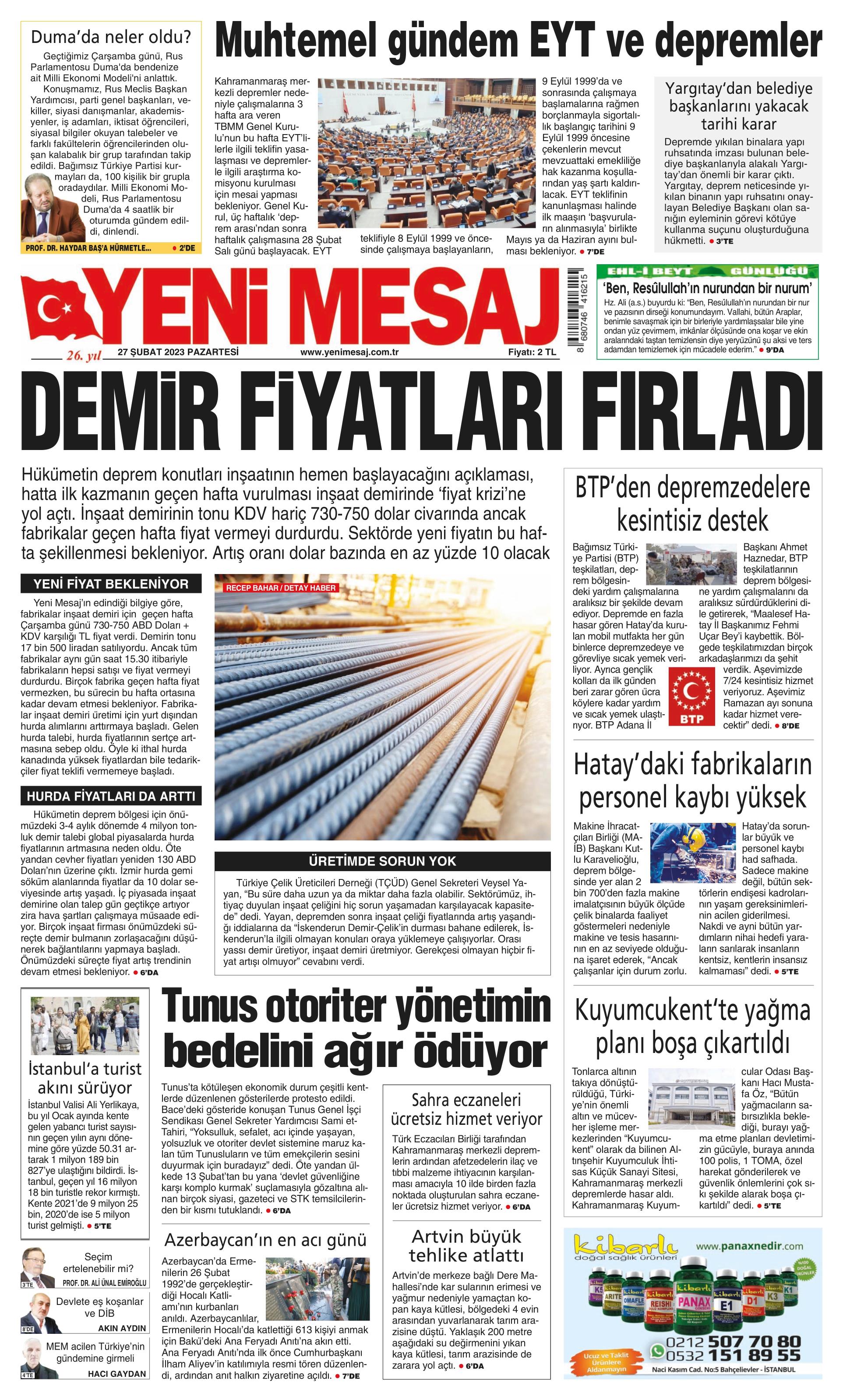 Yeni Mesaj Gazetesi 27 Şubat 2023, Pazartesi Günü Manşeti