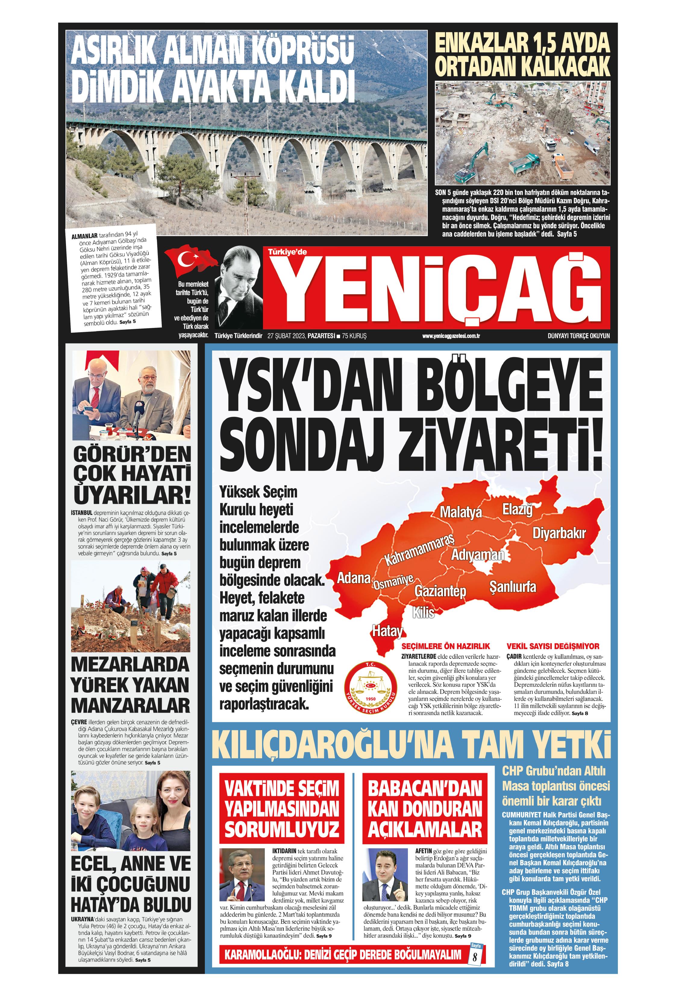 Yeniçağ Gazetesi 27 Şubat 2023, Pazartesi Günü Manşeti