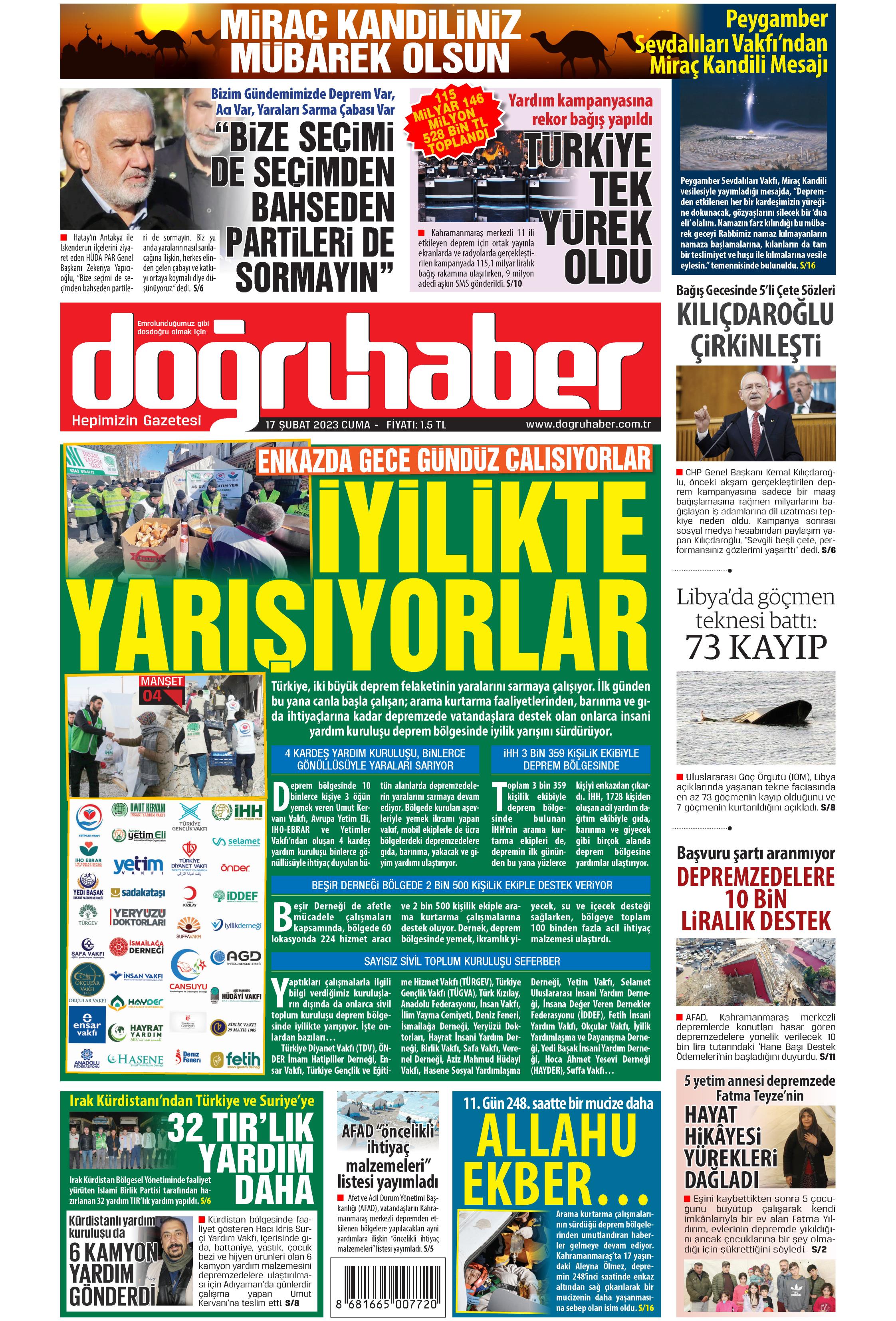 Doğruhaber Gazetesi 17 Şubat 2023, Cuma Günü Manşeti