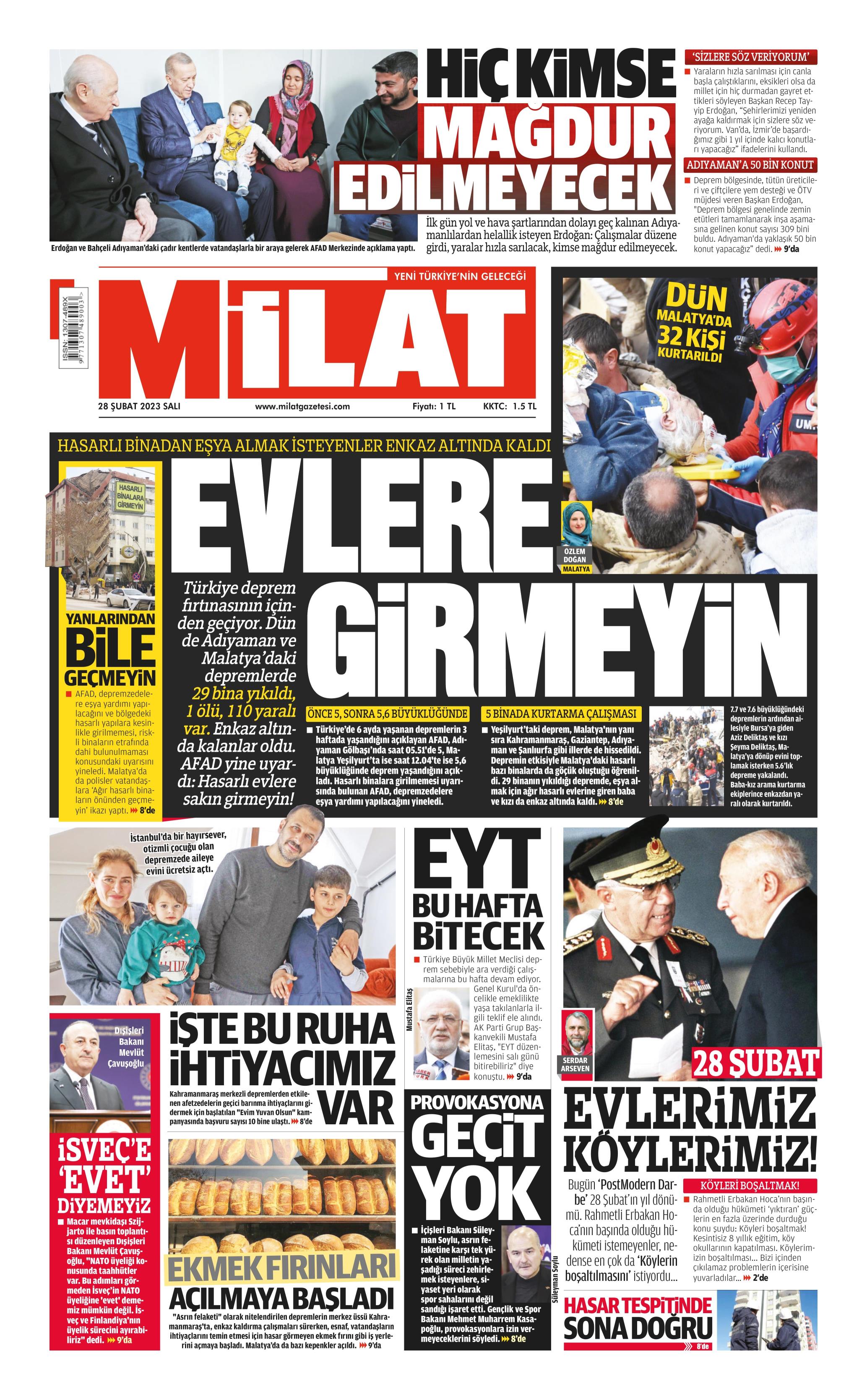 Milat Gazetesi 28 Şubat 2023, Salı Günü Manşeti