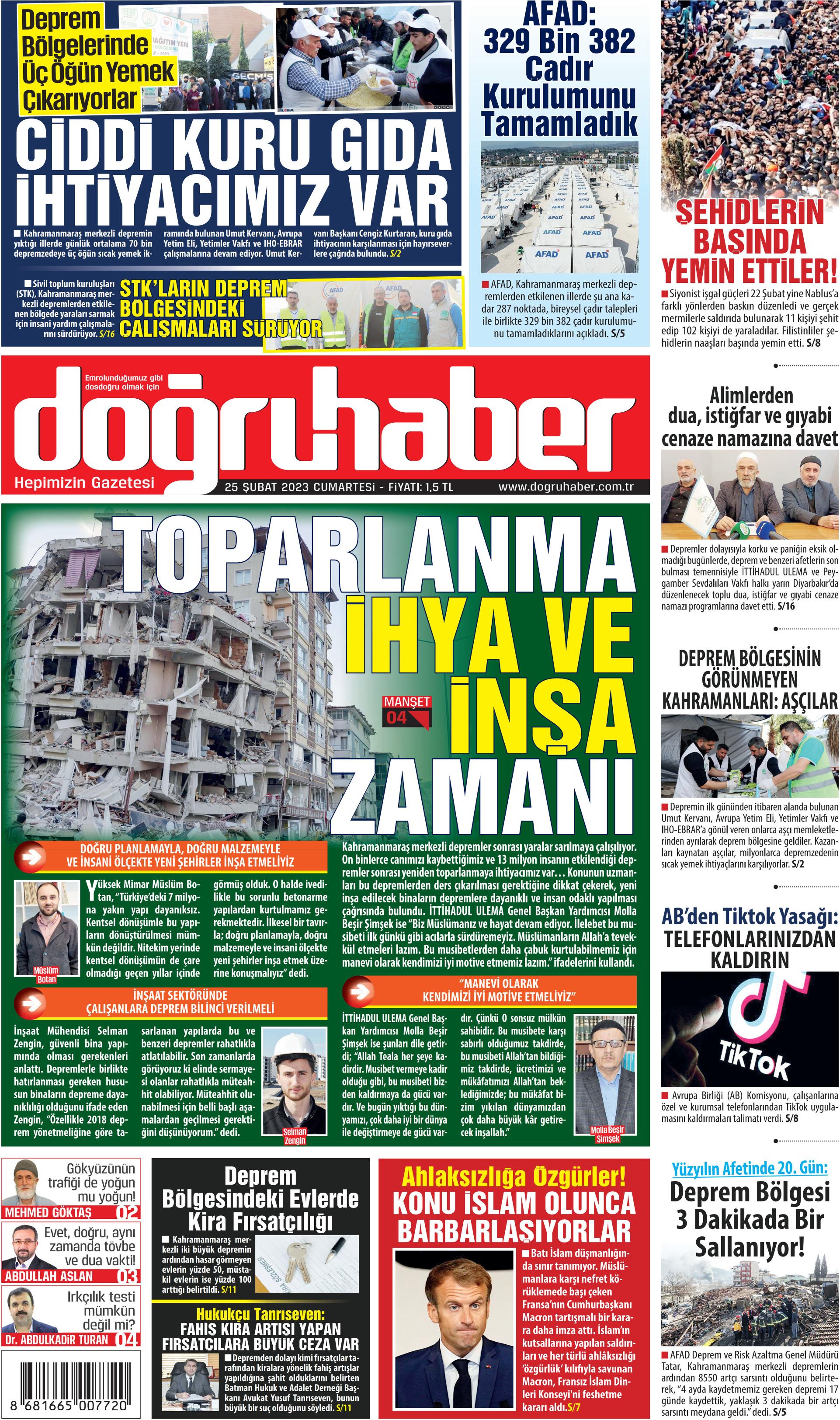 Doğruhaber Gazetesi 25 Şubat 2023, Cumartesi Günü Manşeti