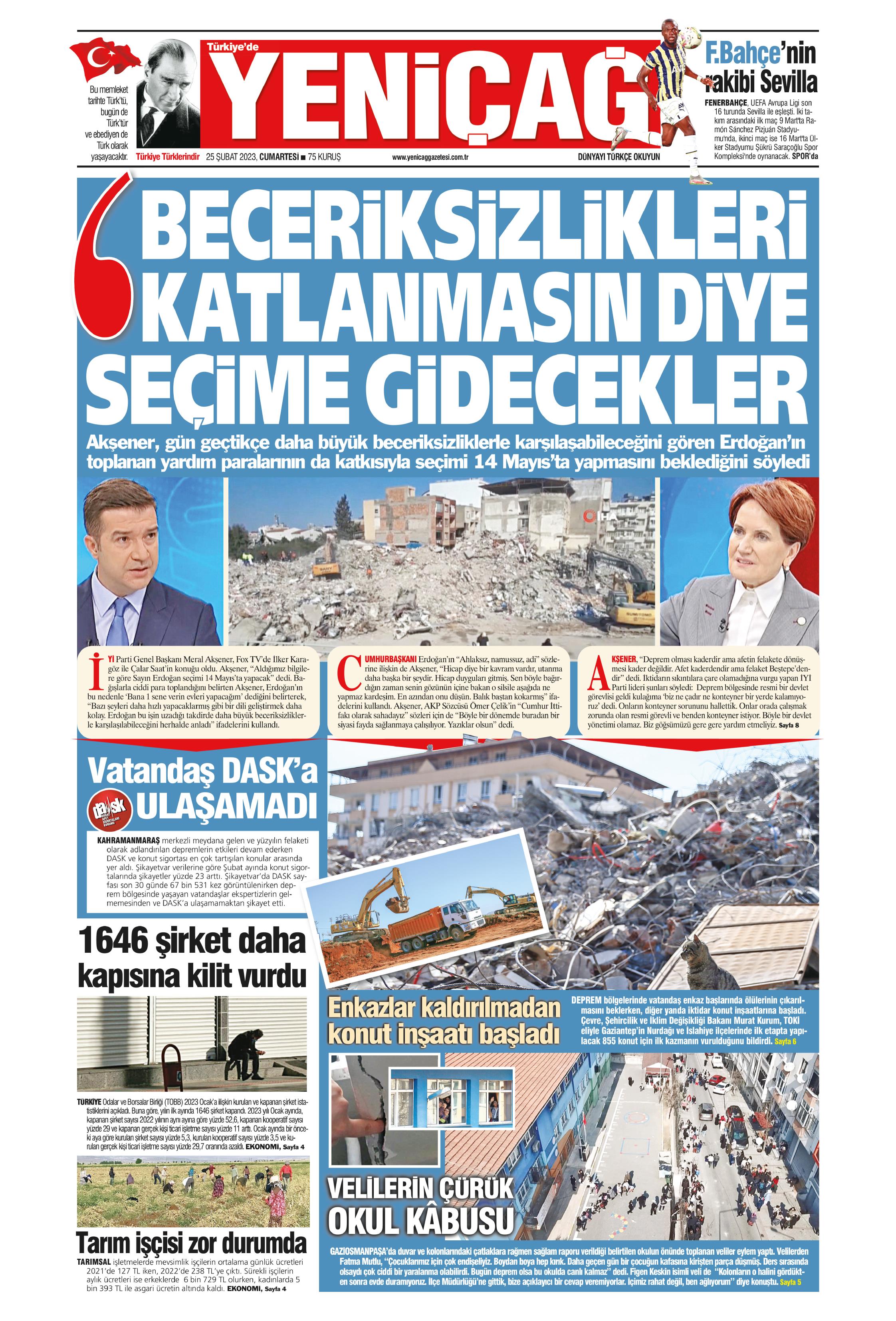 Yeniçağ Gazetesi 25 Şubat 2023, Cumartesi Günü Manşeti