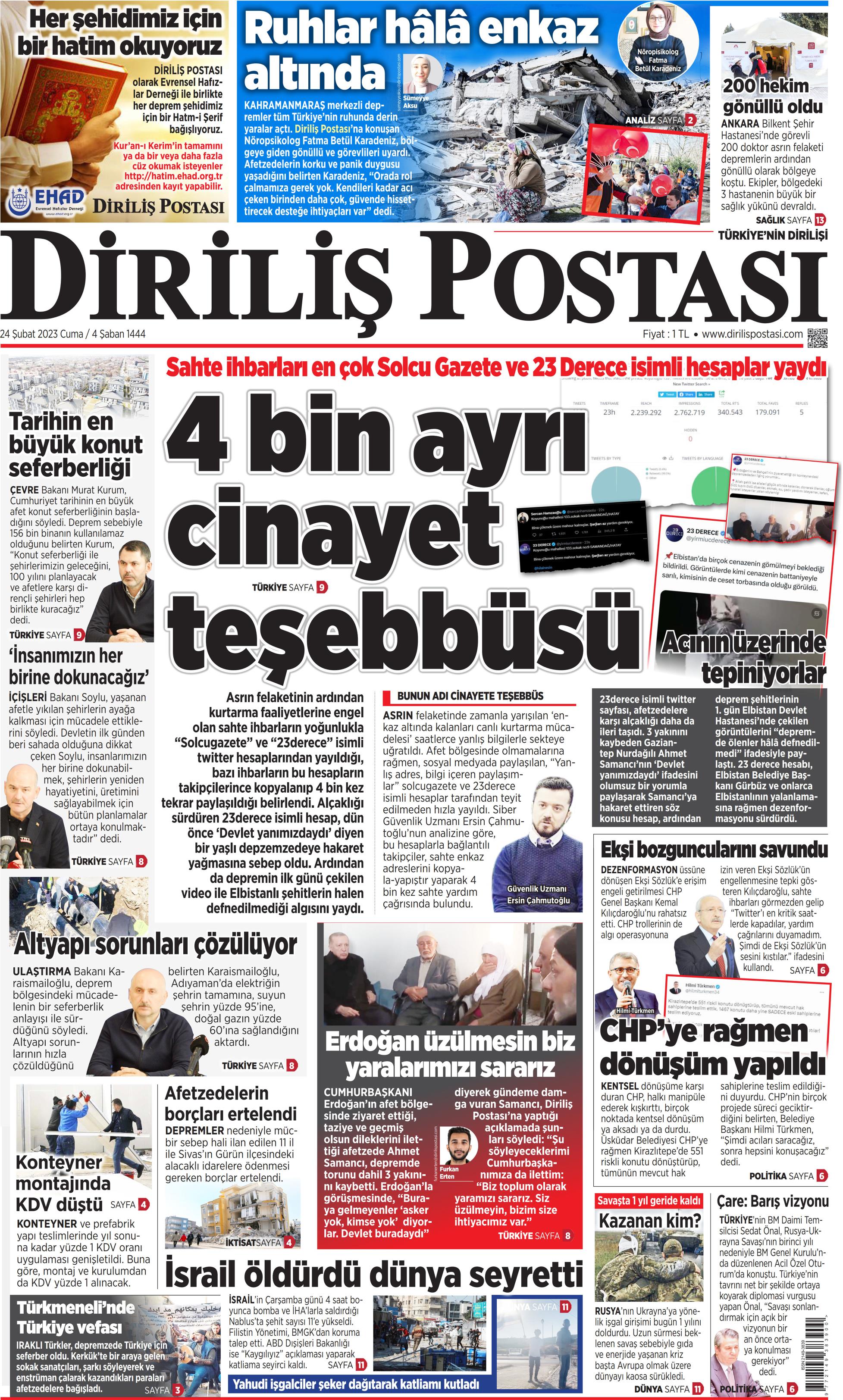 Diriliş Postası Gazetesi 24 Şubat 2023, Cuma Günü Manşeti