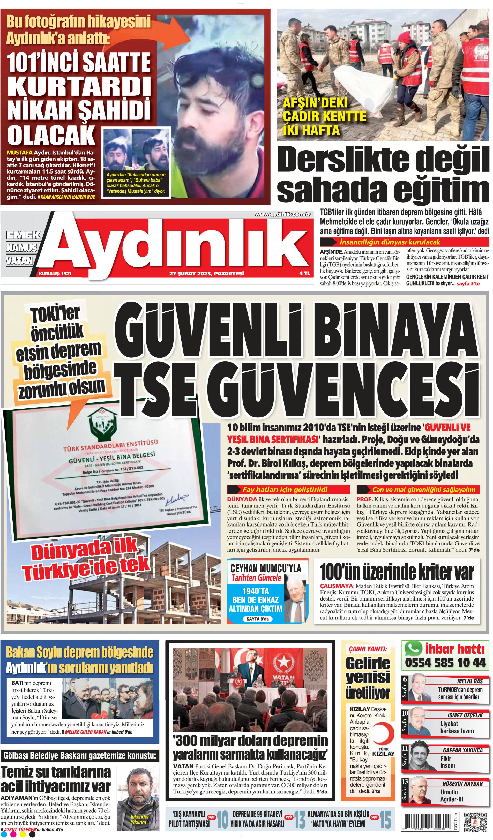 Aydınlık Gazetesi 27 Şubat 2023, Pazartesi Günü Manşeti