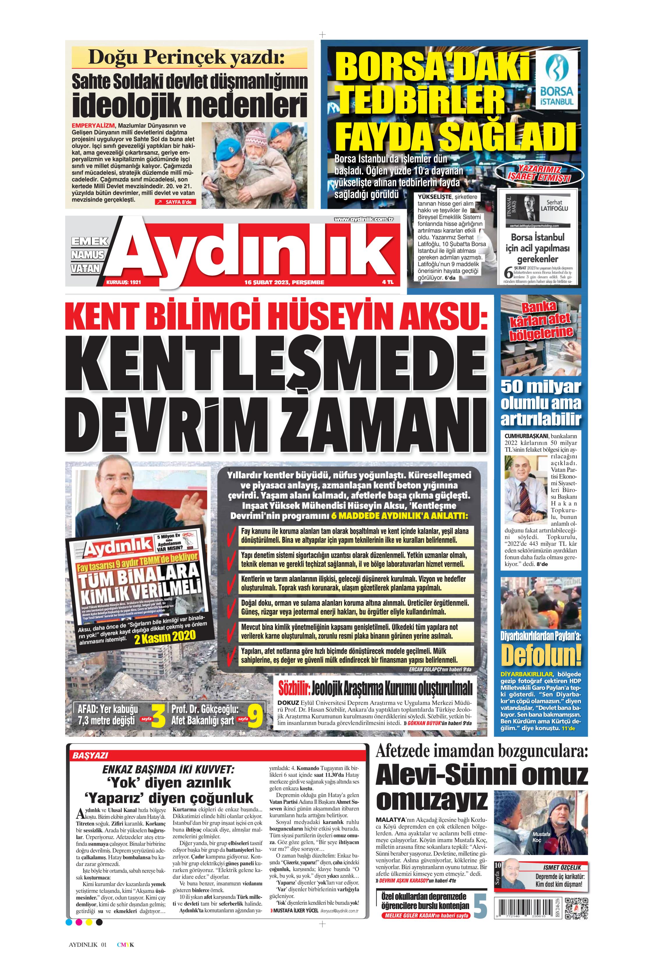 Aydınlık Gazetesi 16 Şubat 2023, Perşembe Günü Manşeti