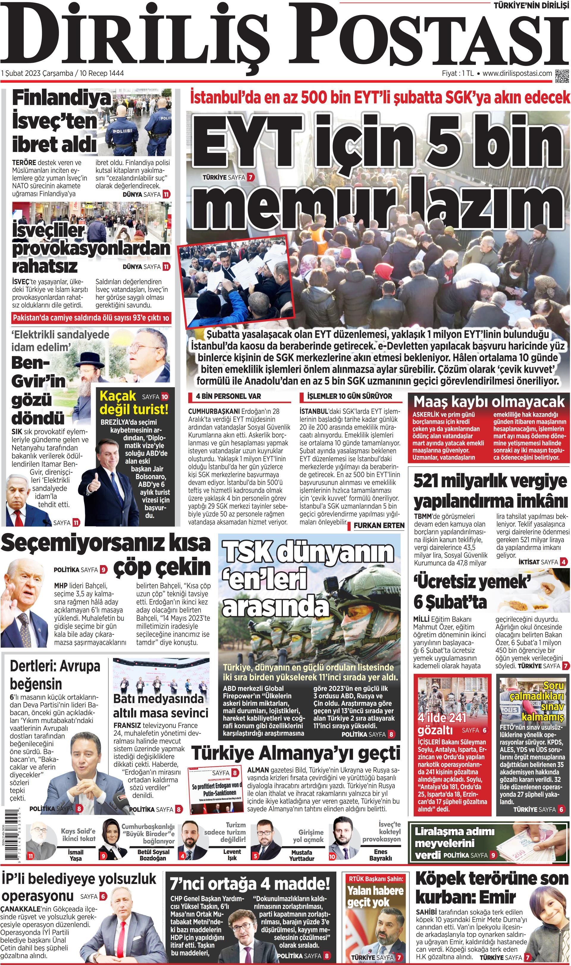 Diriliş Postası Gazetesi 1 Şubat 2023, Çarşamba Günü Manşeti