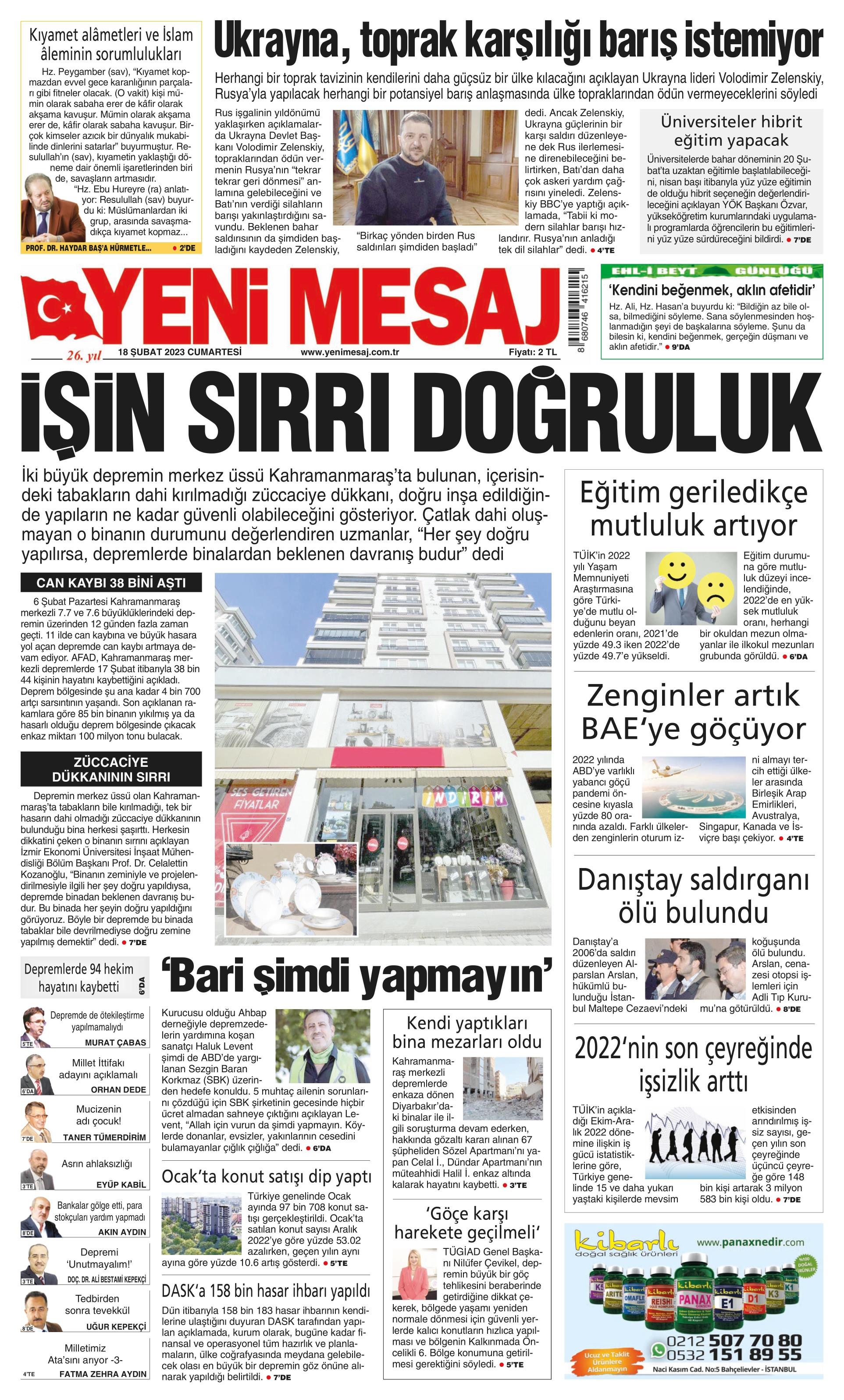 Yeni Mesaj Gazetesi 18 Şubat 2023, Cumartesi Günü Manşeti