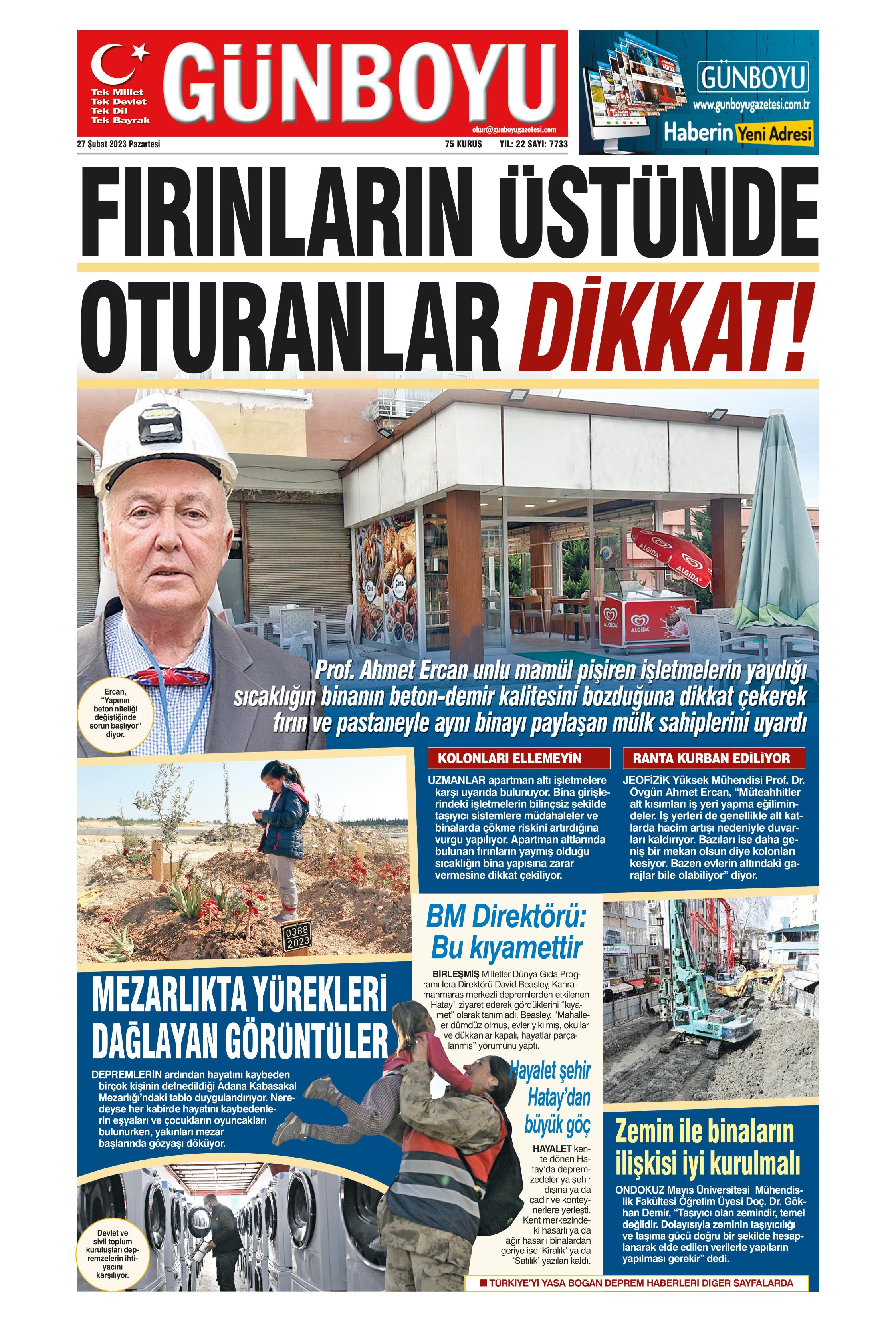 Günboyu Gazetesi 27 Şubat 2023, Pazartesi Günü Manşeti