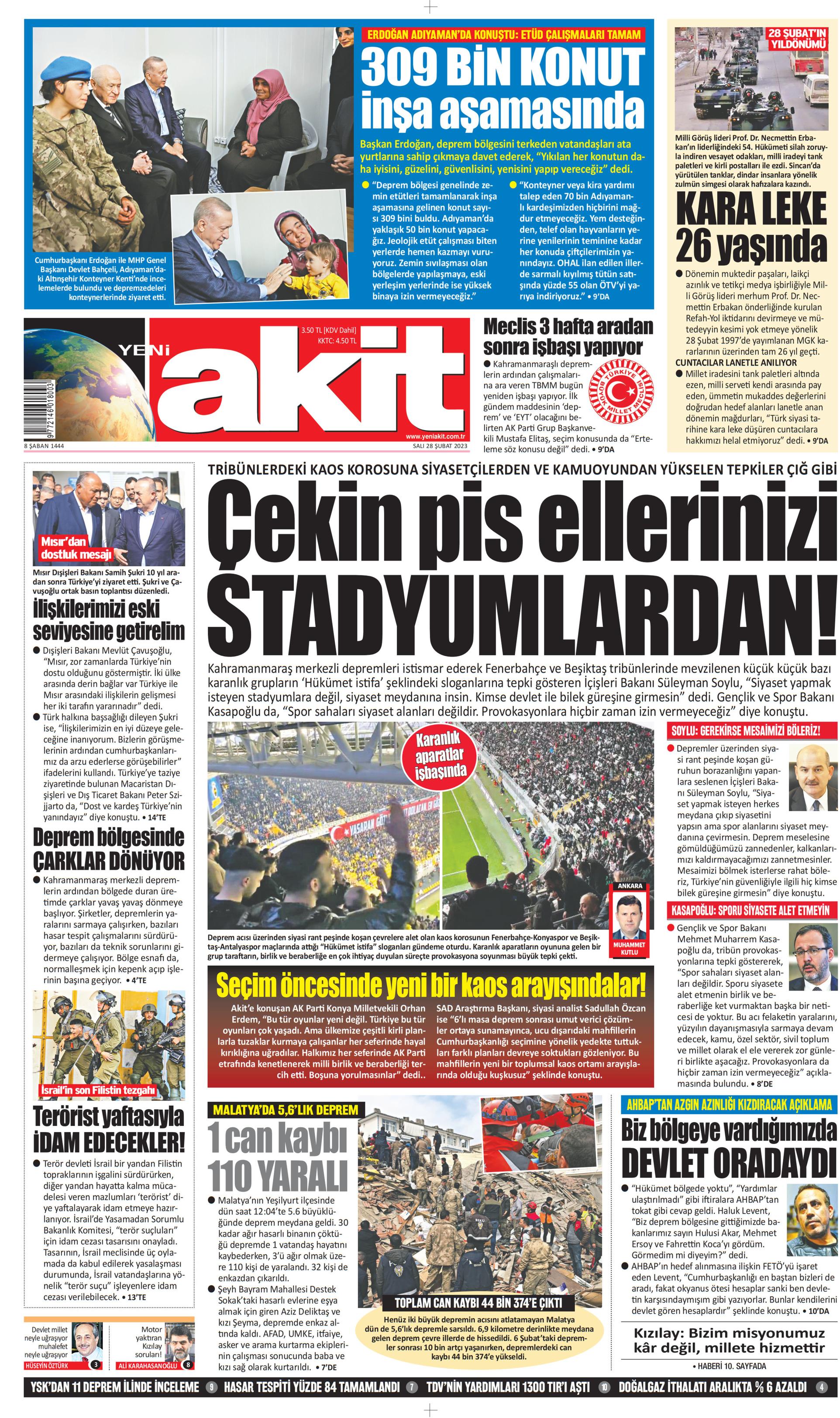 Yeni Akit Gazetesi 28 Şubat 2023, Salı Günü Manşeti