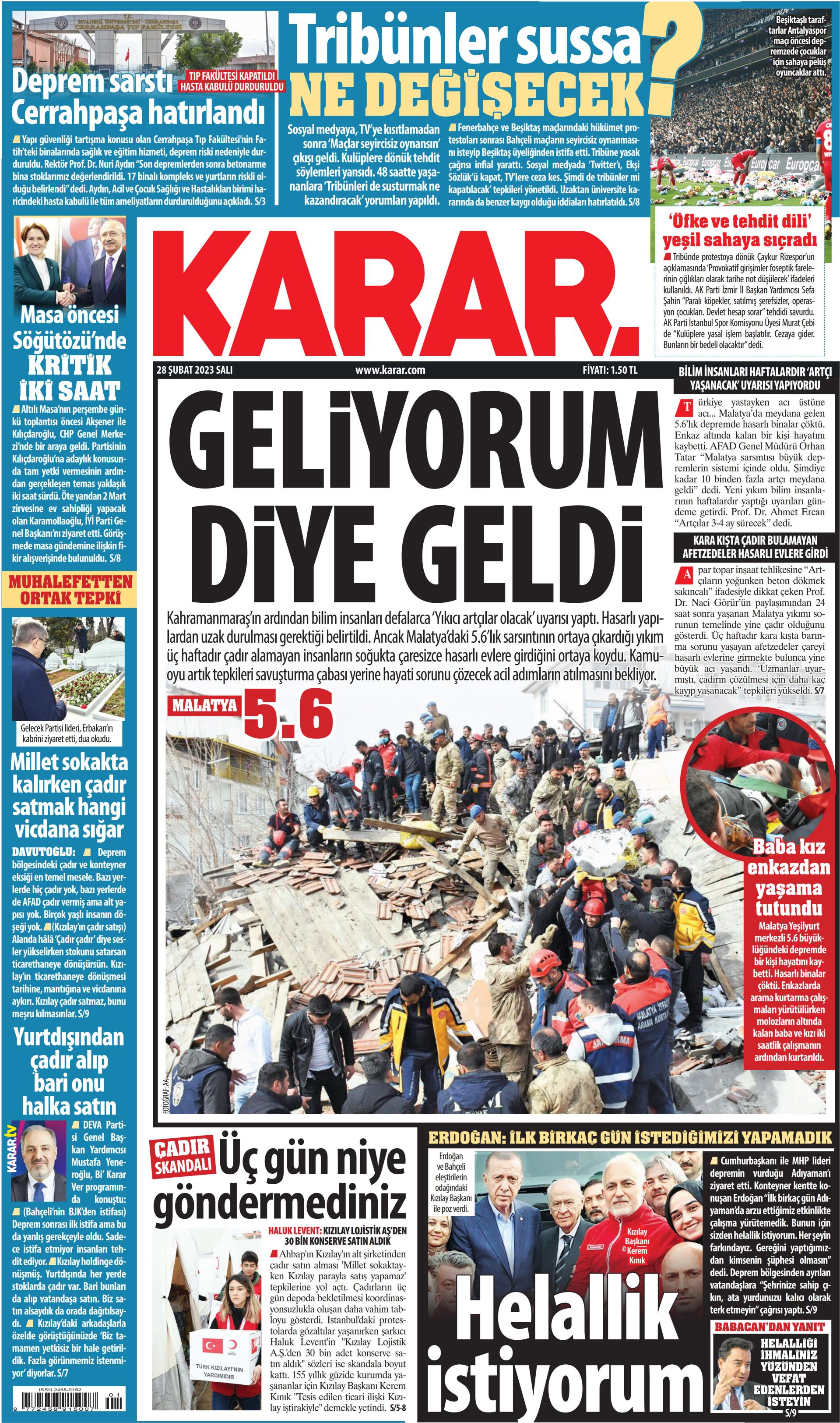 Karar Gazetesi 28 Şubat 2023, Salı Günü Manşeti