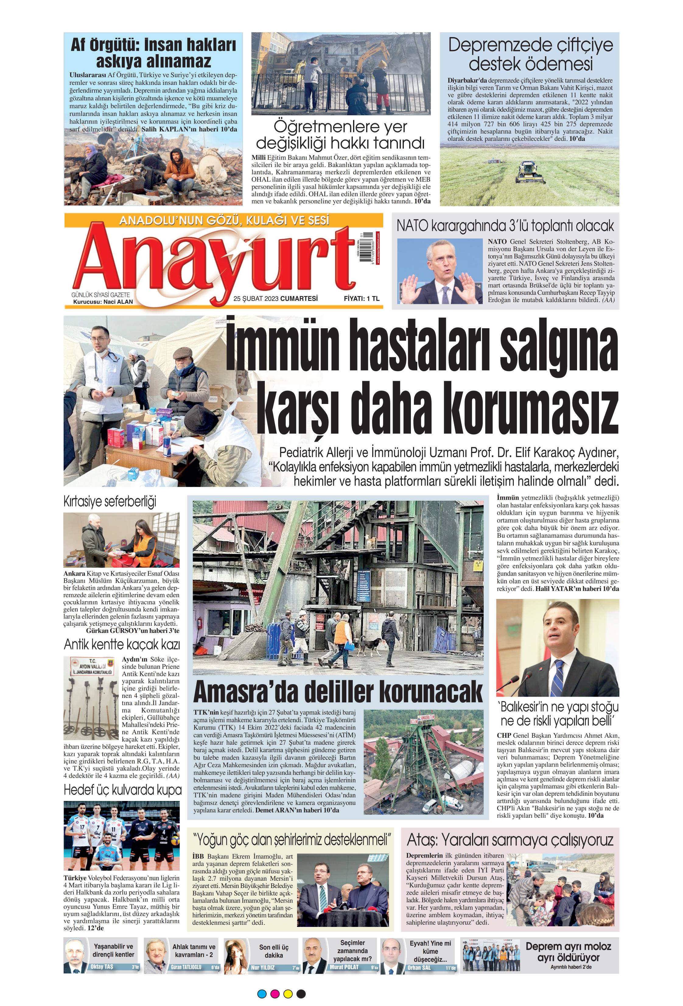 Anayurt Gazetesi 25 Şubat 2023, Cumartesi Günü Manşeti