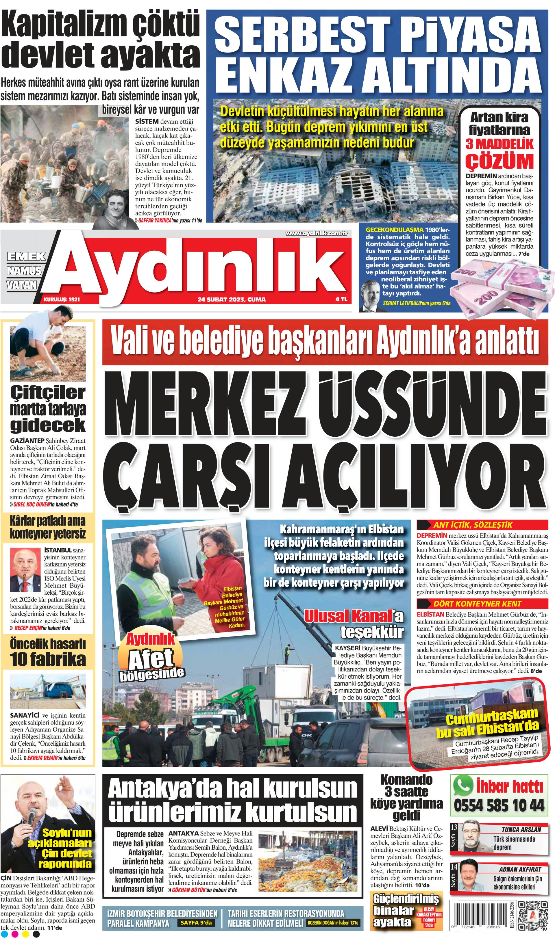 Aydınlık Gazetesi 24 Şubat 2023, Cuma Günü Manşeti