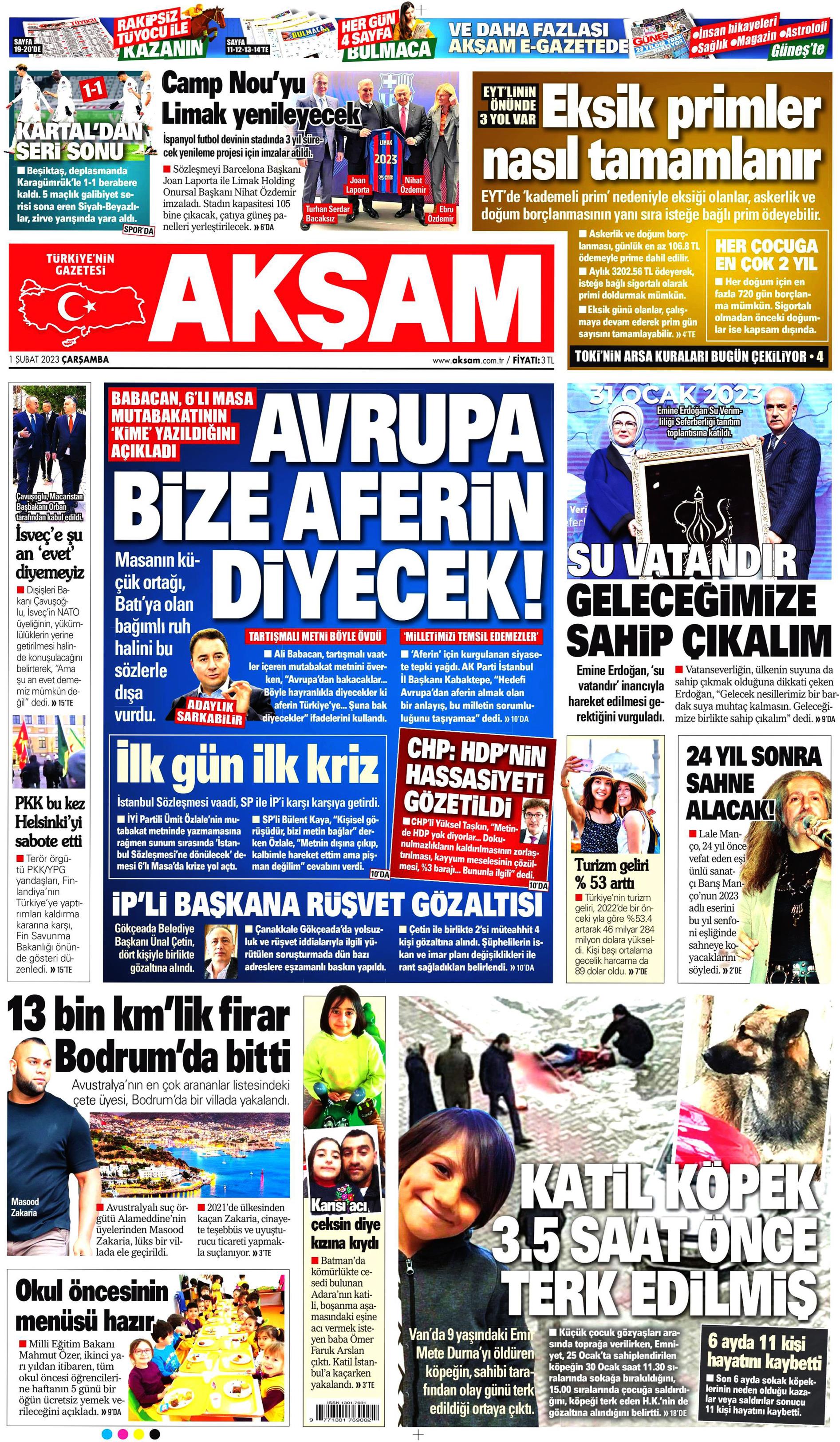 Akşam Gazetesi 1 Şubat 2023, Çarşamba Günü Manşeti