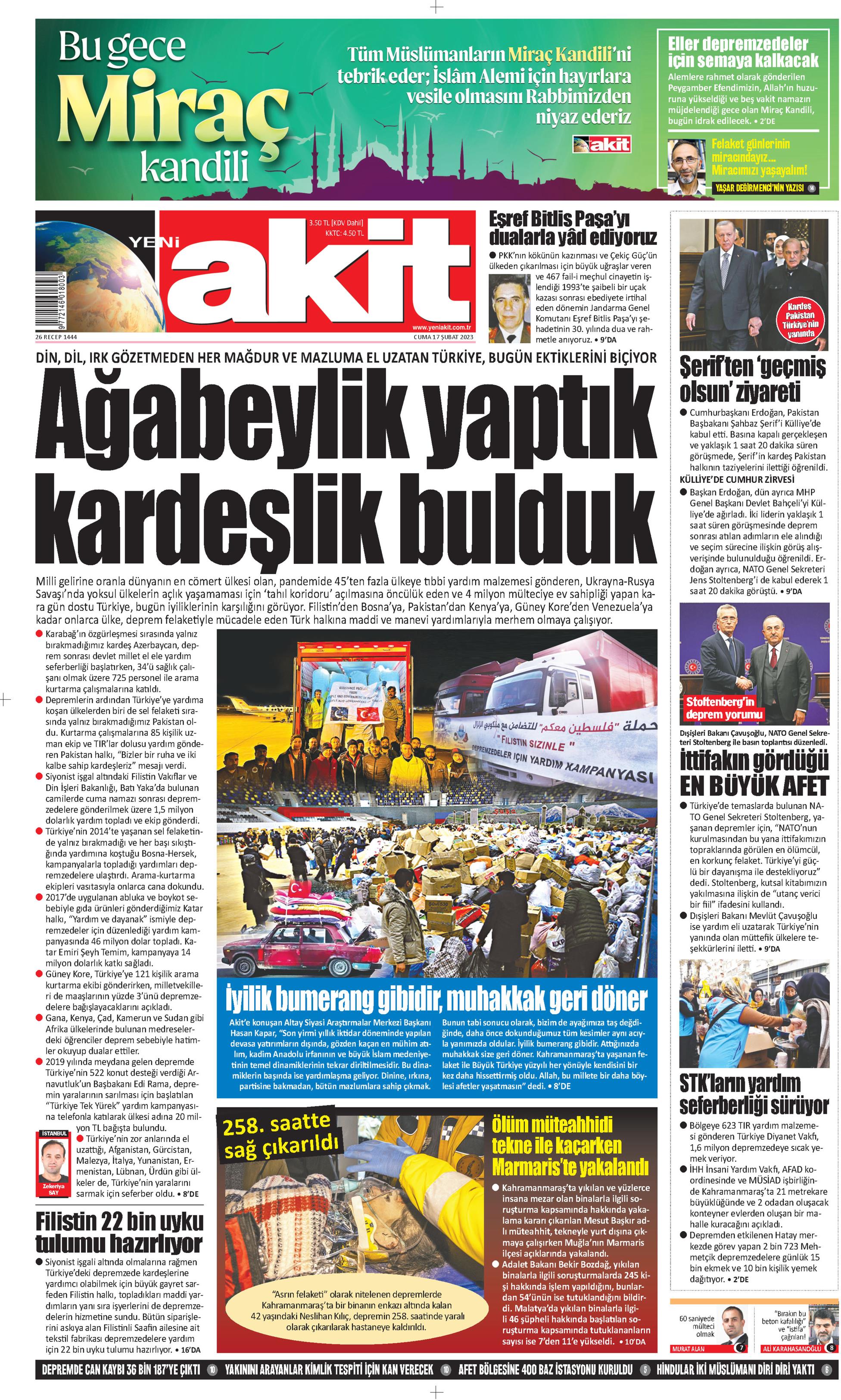 Yeni Akit Gazetesi 17 Şubat 2023, Cuma Günü Manşeti