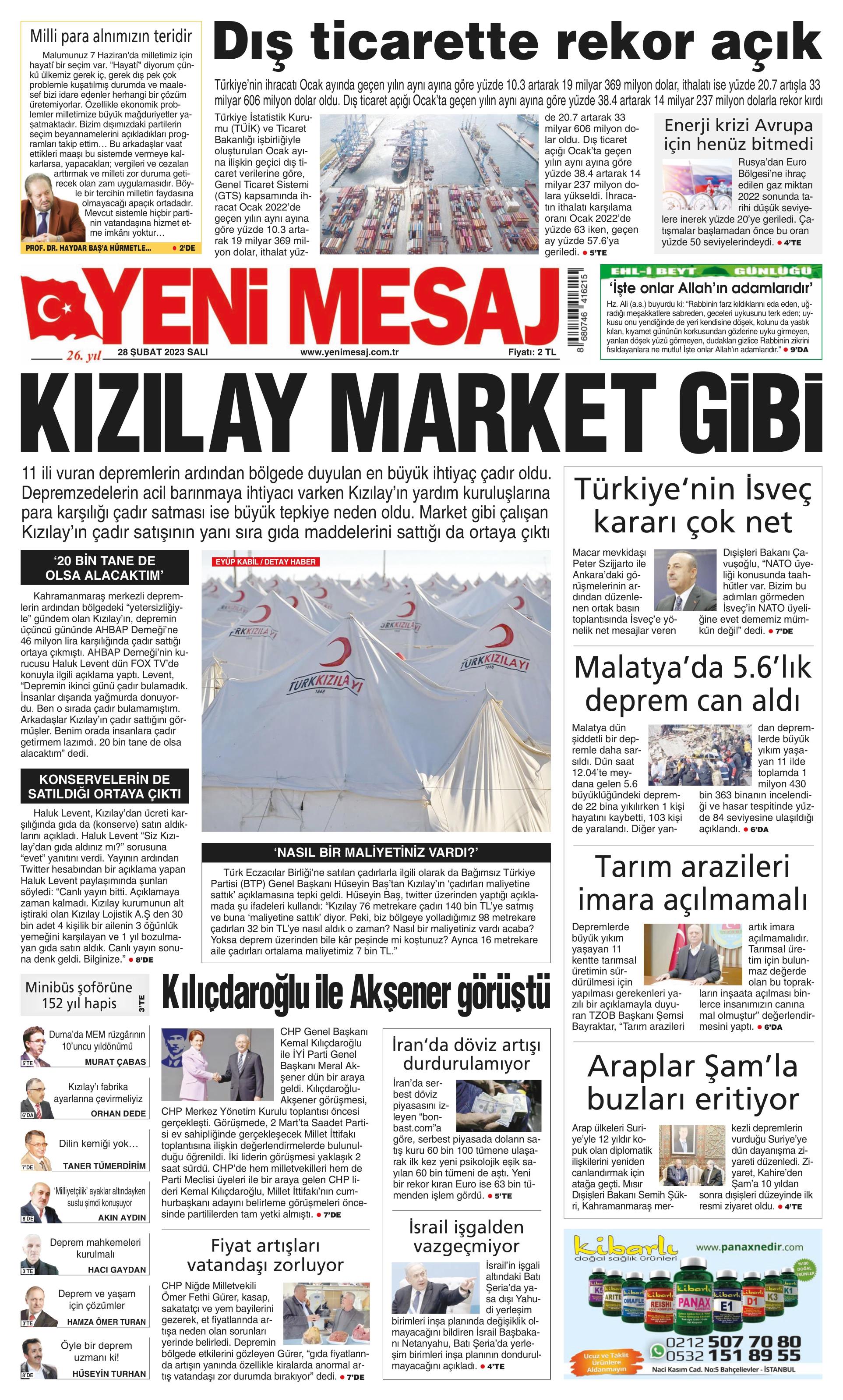 Yeni Mesaj Gazetesi 28 Şubat 2023, Salı Günü Manşeti