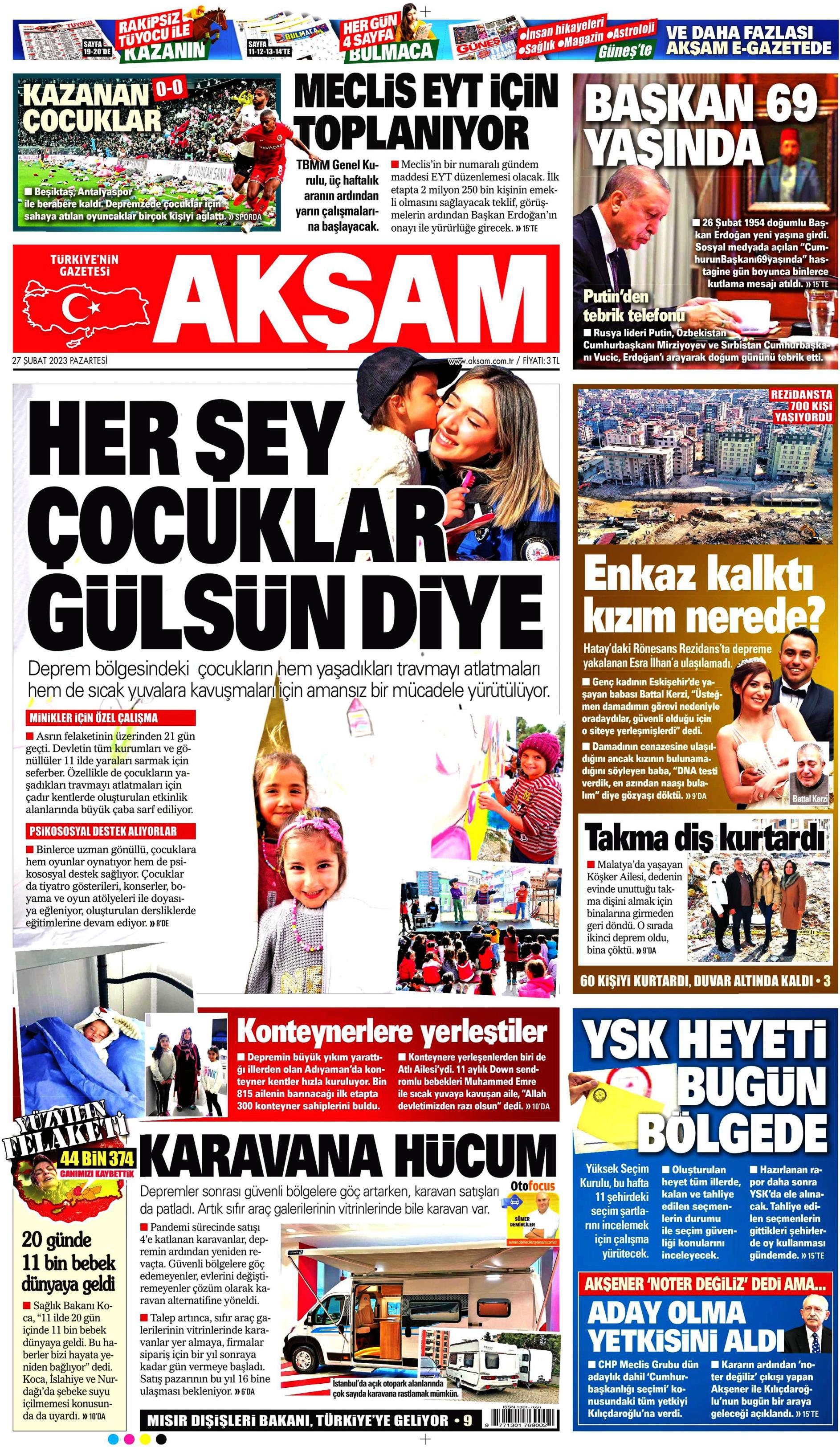 Akşam Gazetesi 27 Şubat 2023, Pazartesi Günü Manşeti