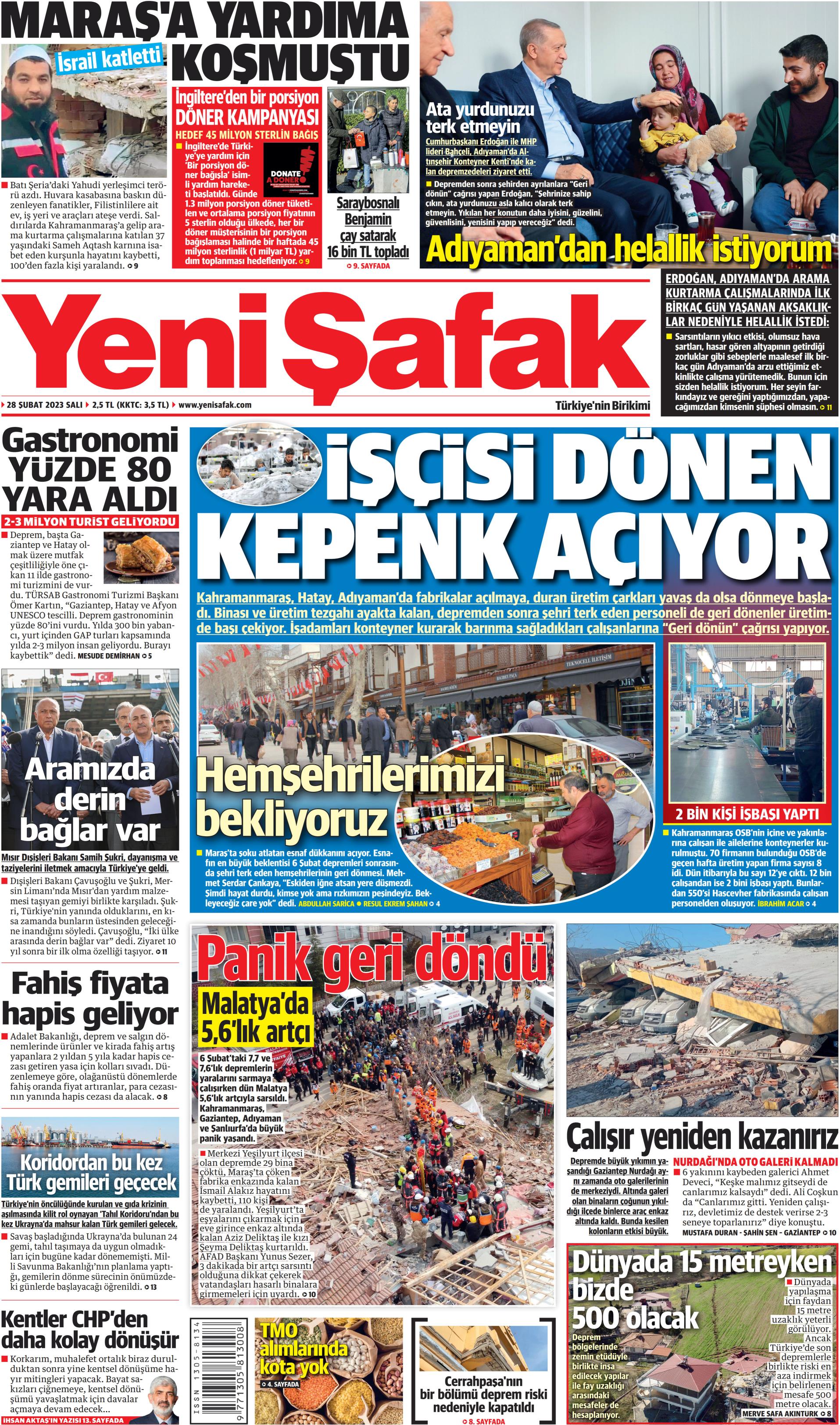 Yeni Şafak Gazetesi 28 Şubat 2023, Salı Günü Manşeti